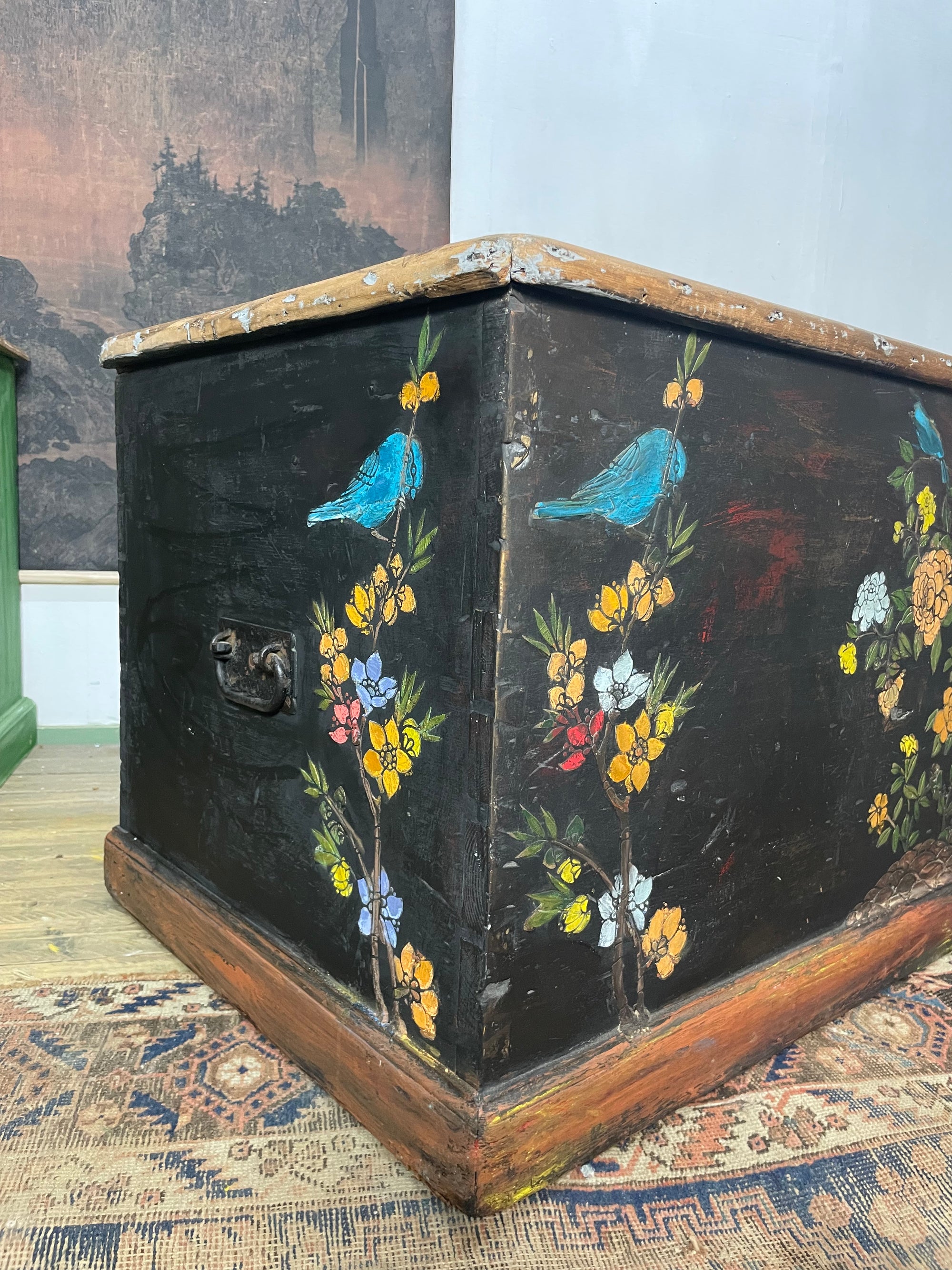 Vintage Painted Pine Blanket Box with Bird Chinoiserie