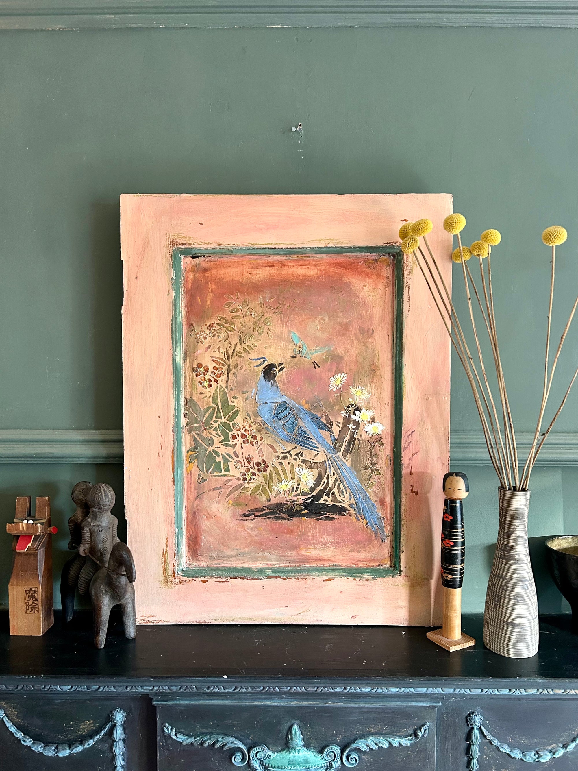 Reclaimed Door Wallhanging with Bird Chinoiserie