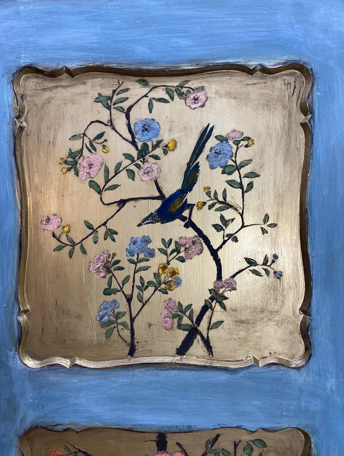 Vintage Painted Pine Wardrobe with Inlaid Bird Chinoiserie