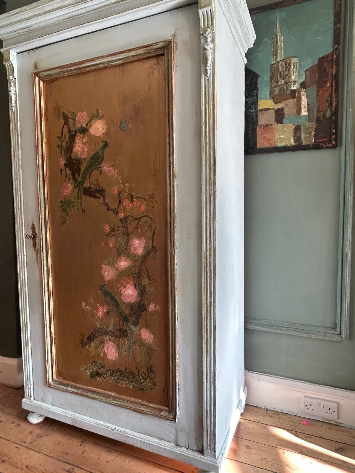 Vintage Painted Pine Armoire with Chinoiserie Panel