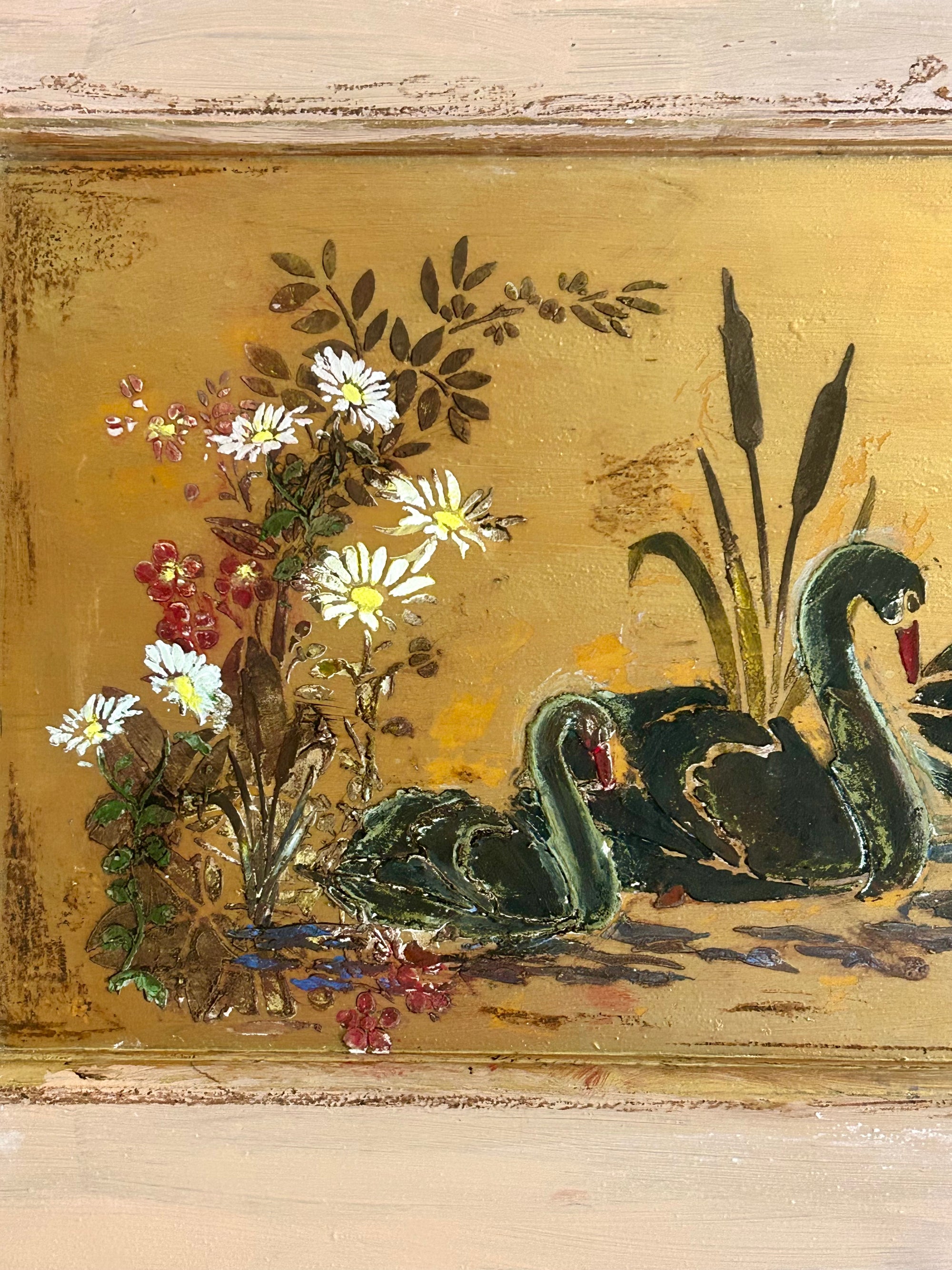 Reclaimed Door Wallhanging with Black Swan Chinoiserie