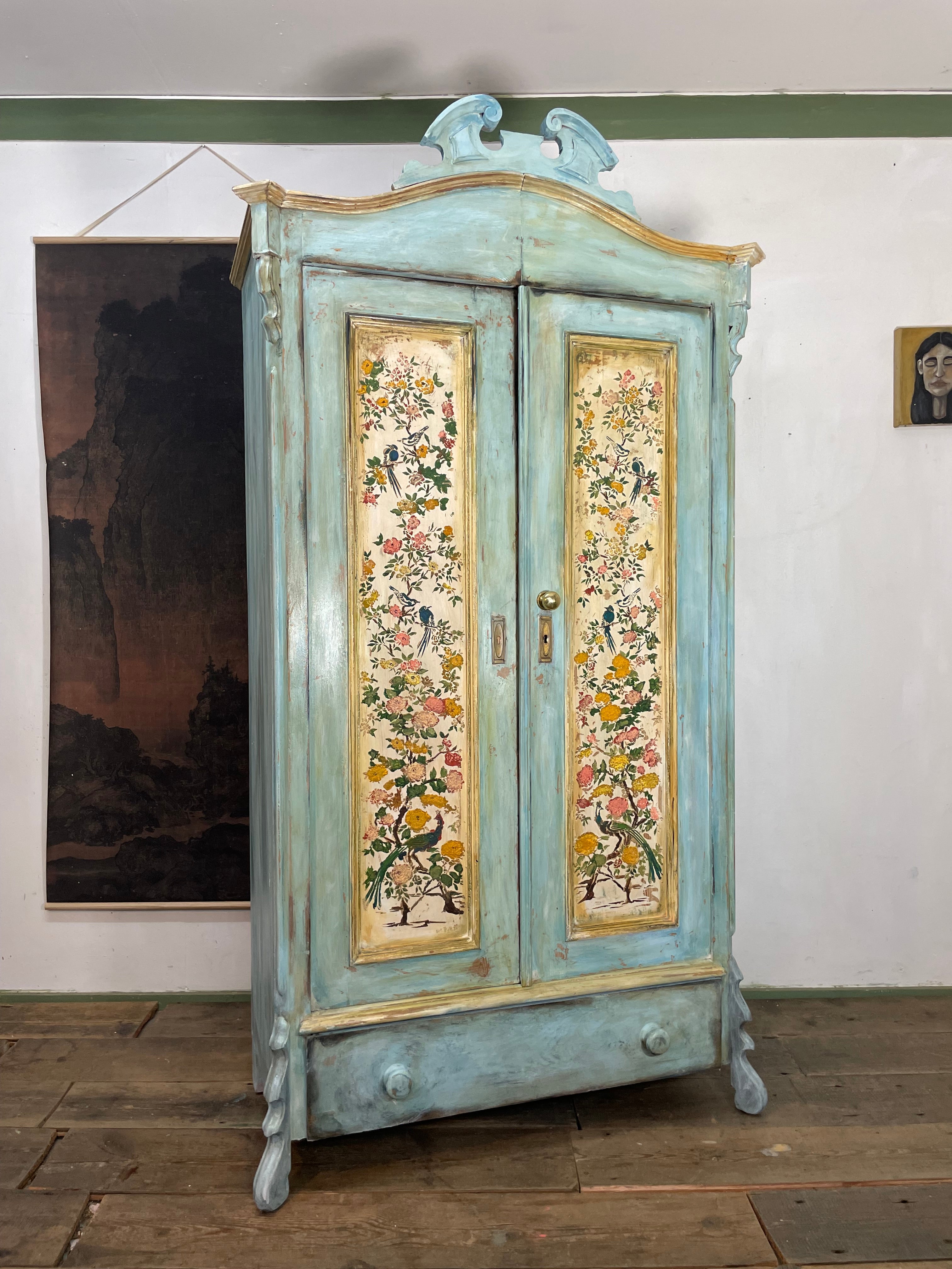 Vintage French Painted Pine Armoire with Chinoiserie Panels