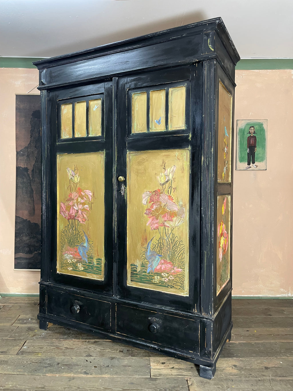 Vintage Painted Pine Knockdown Wardrobe with Inlaid Design