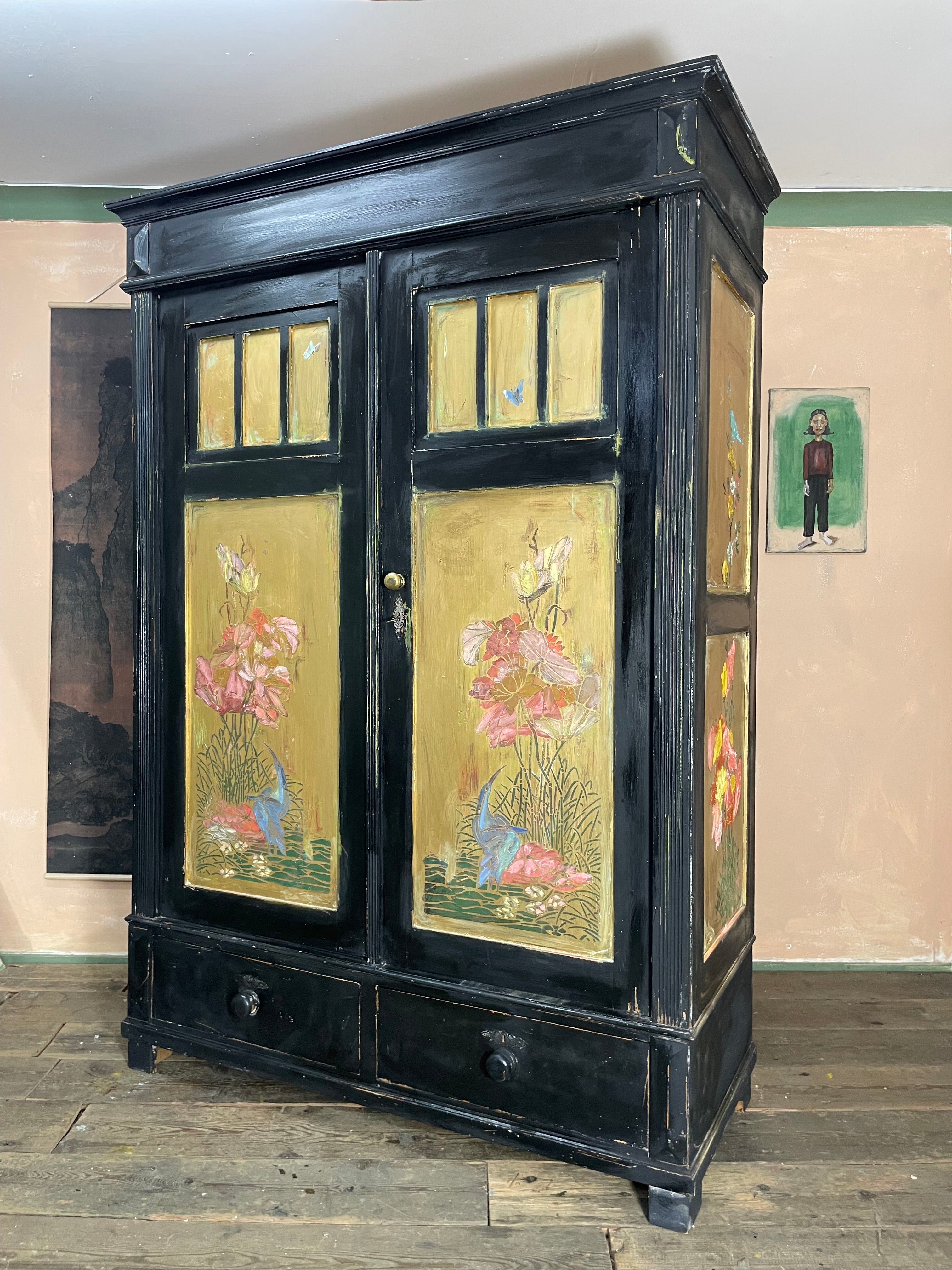 Vintage Painted Pine Knockdown Wardrobe with Inlaid Design