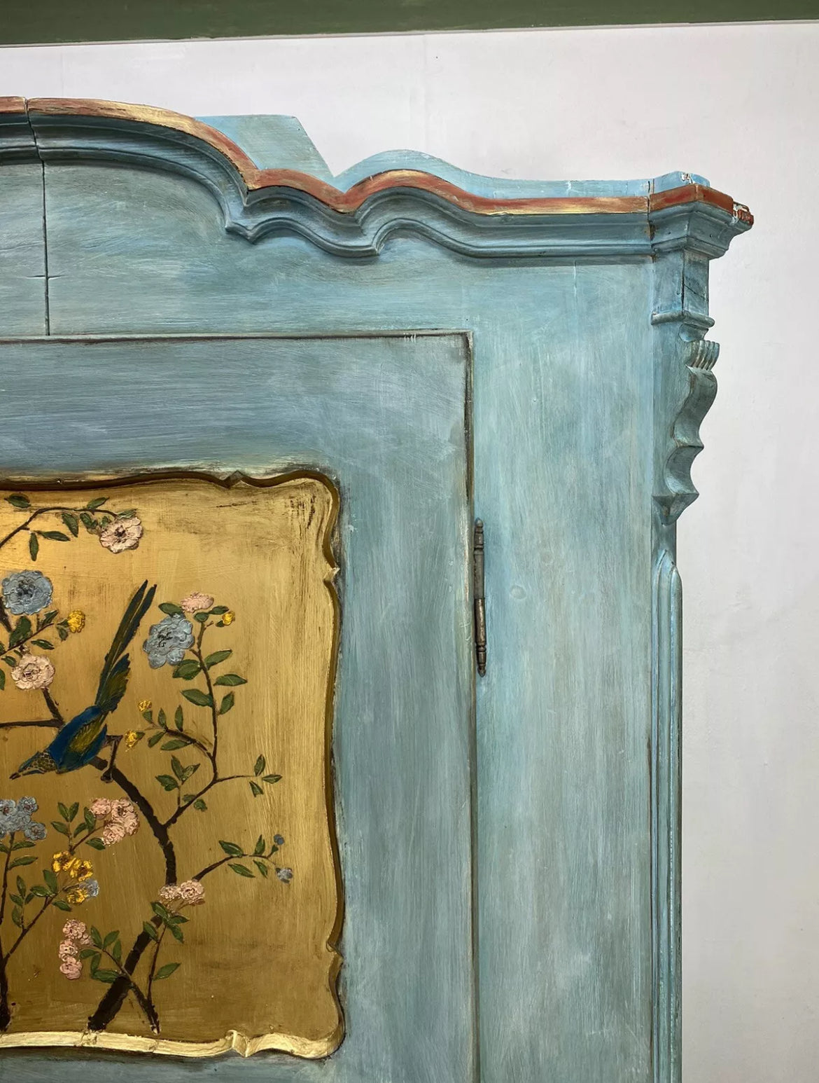 Vintage Painted Pine Wardrobe with Inlaid Bird Chinoiserie