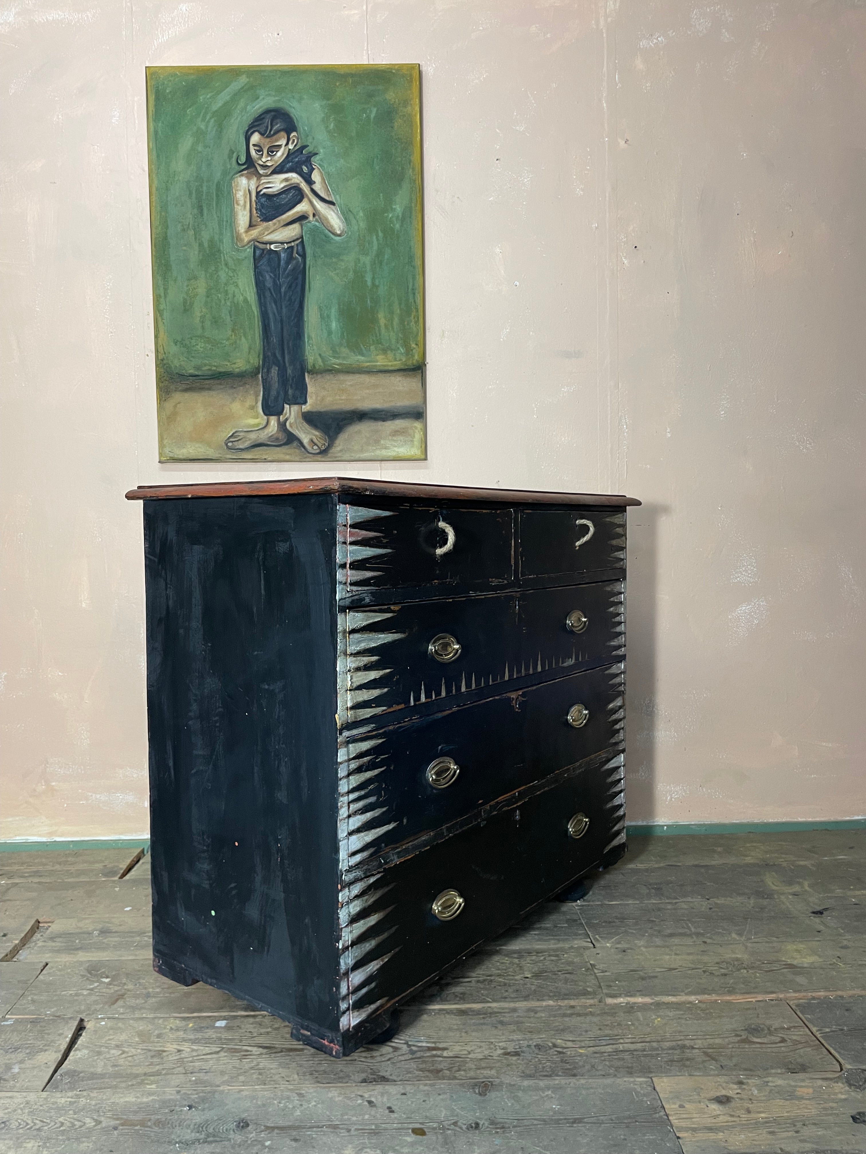 Vintage Painted Pine Folk Art Chest of Drawers