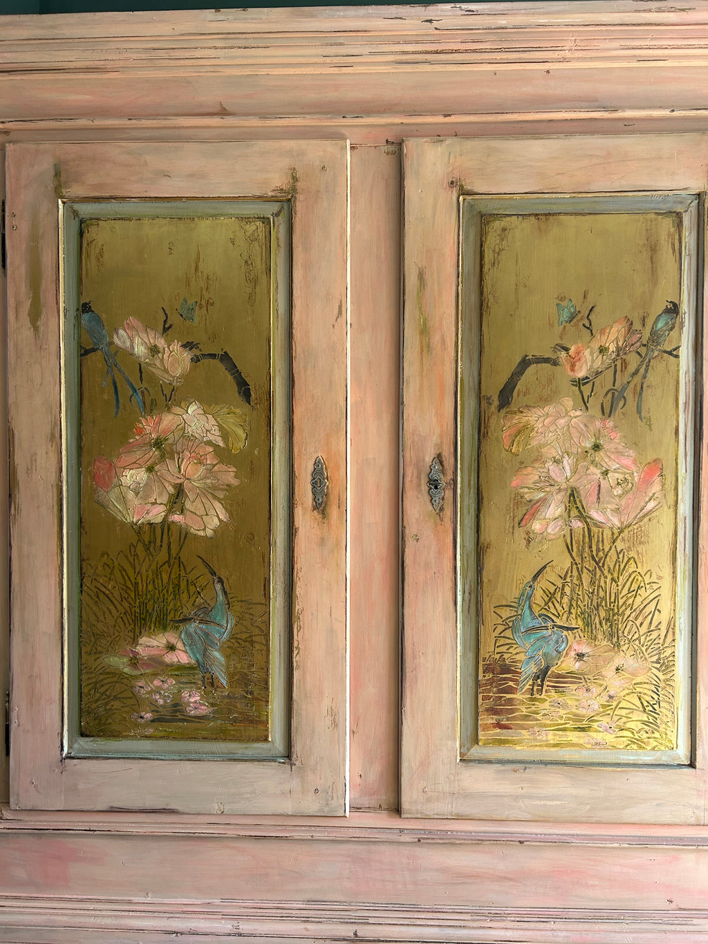Vintage Painted Pine Large Double Wardrobe with Inlaid Chinoiserie