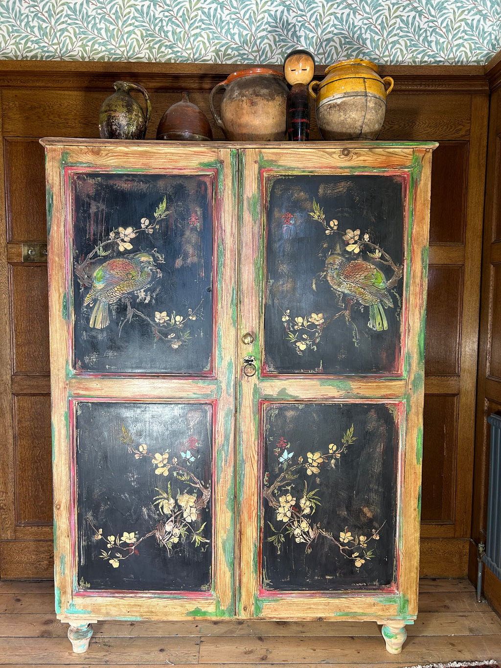 Vintage Painted Pine Linen Press with Inlaid Chinoiserie. RESERVED
