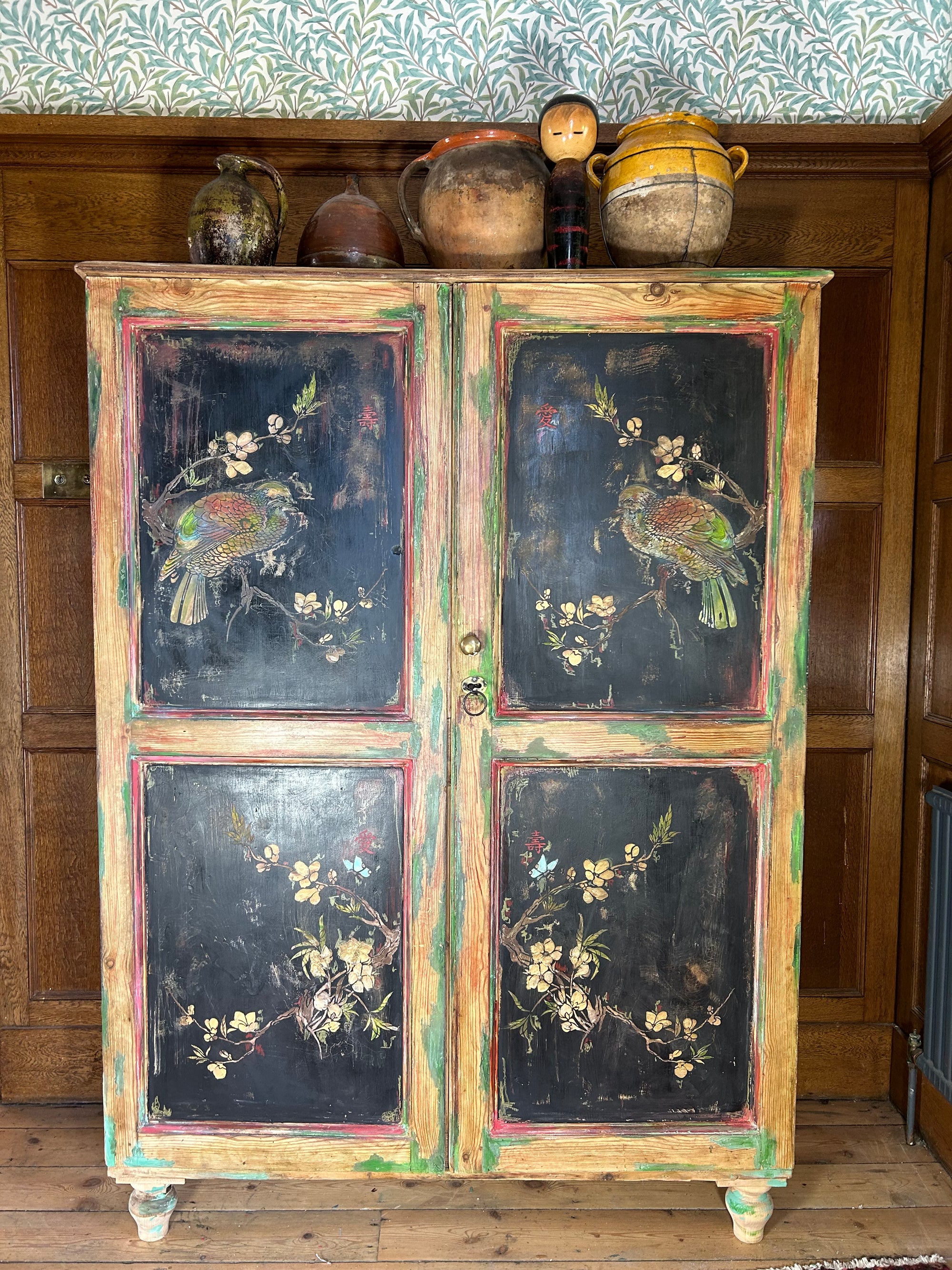 Vintage Painted Pine Linen Press with Inlaid Chinoiserie