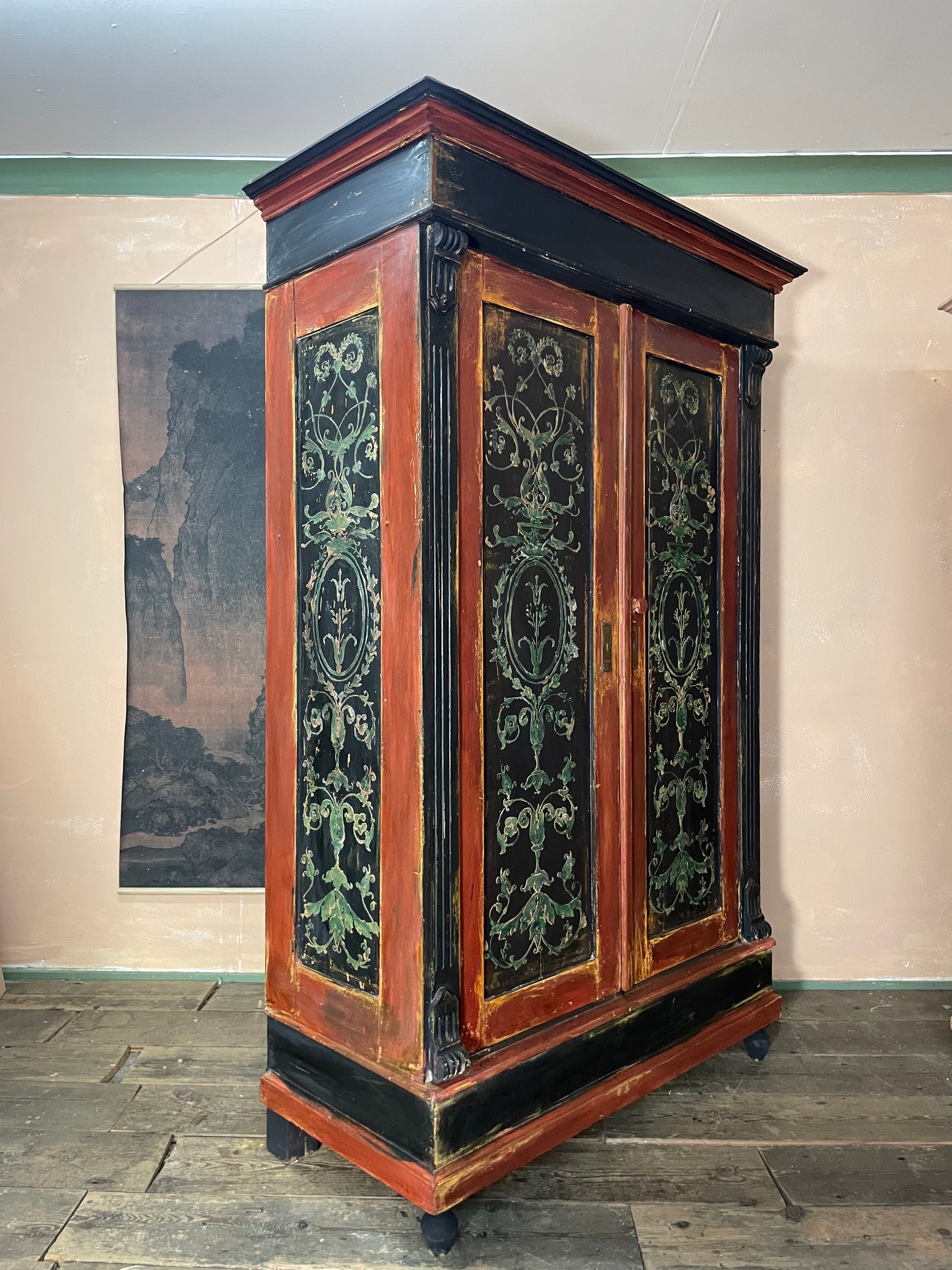 Vintage Painted Pine Wardrobe with Boiserie Panels