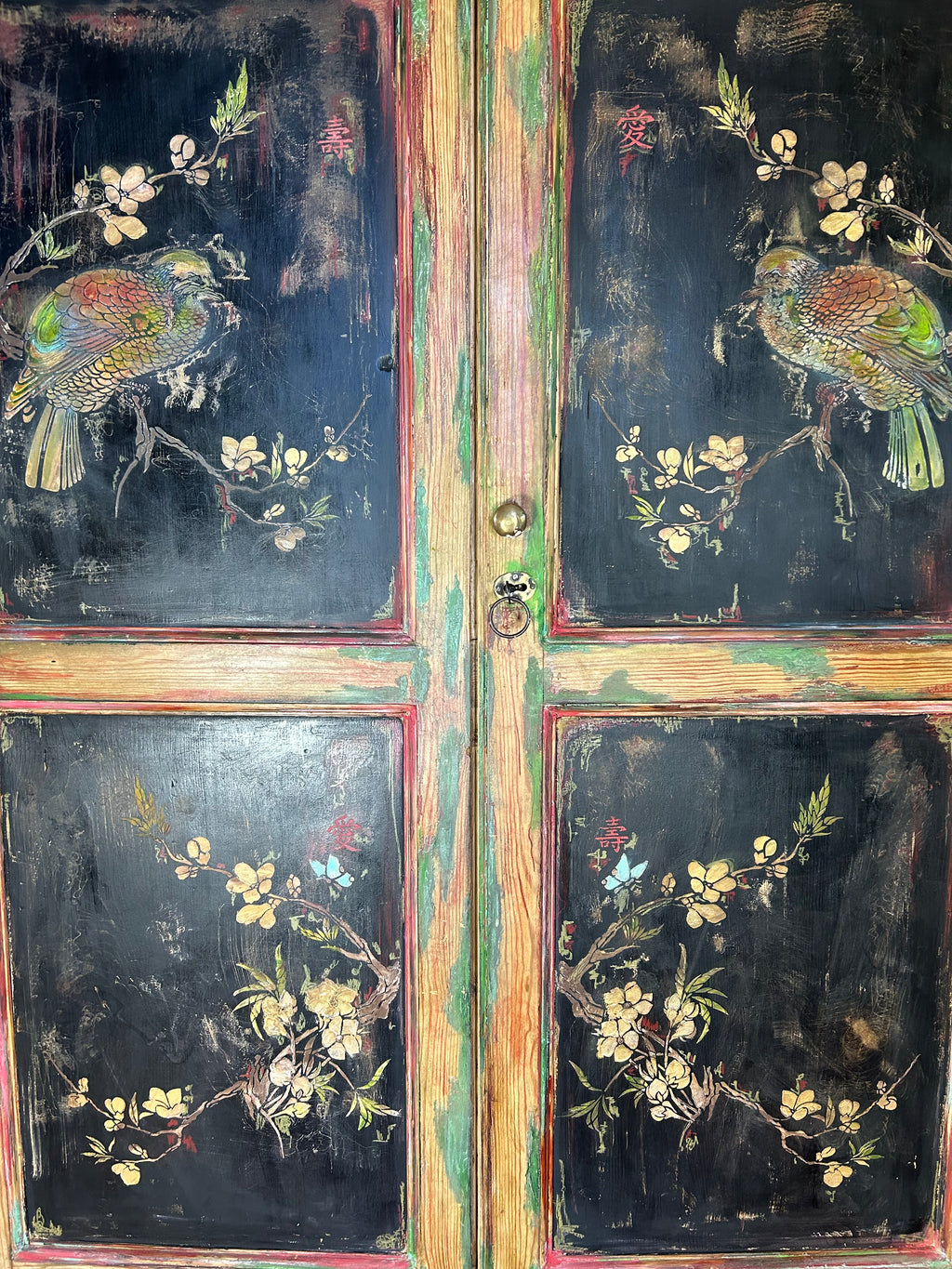 Vintage Painted Pine Linen Press with Inlaid Chinoiserie. RESERVED