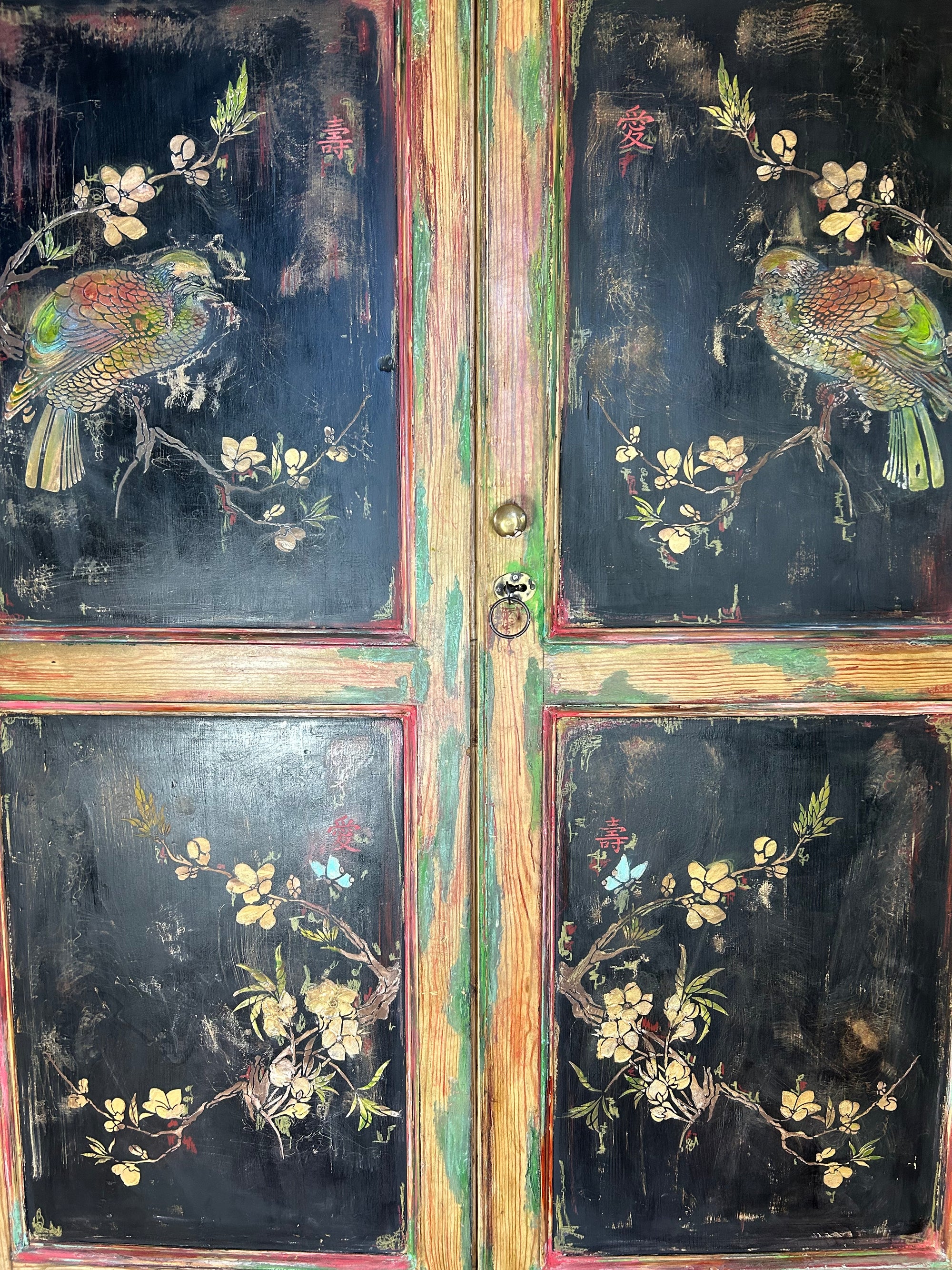 Vintage Painted Pine Linen Press with Inlaid Chinoiserie