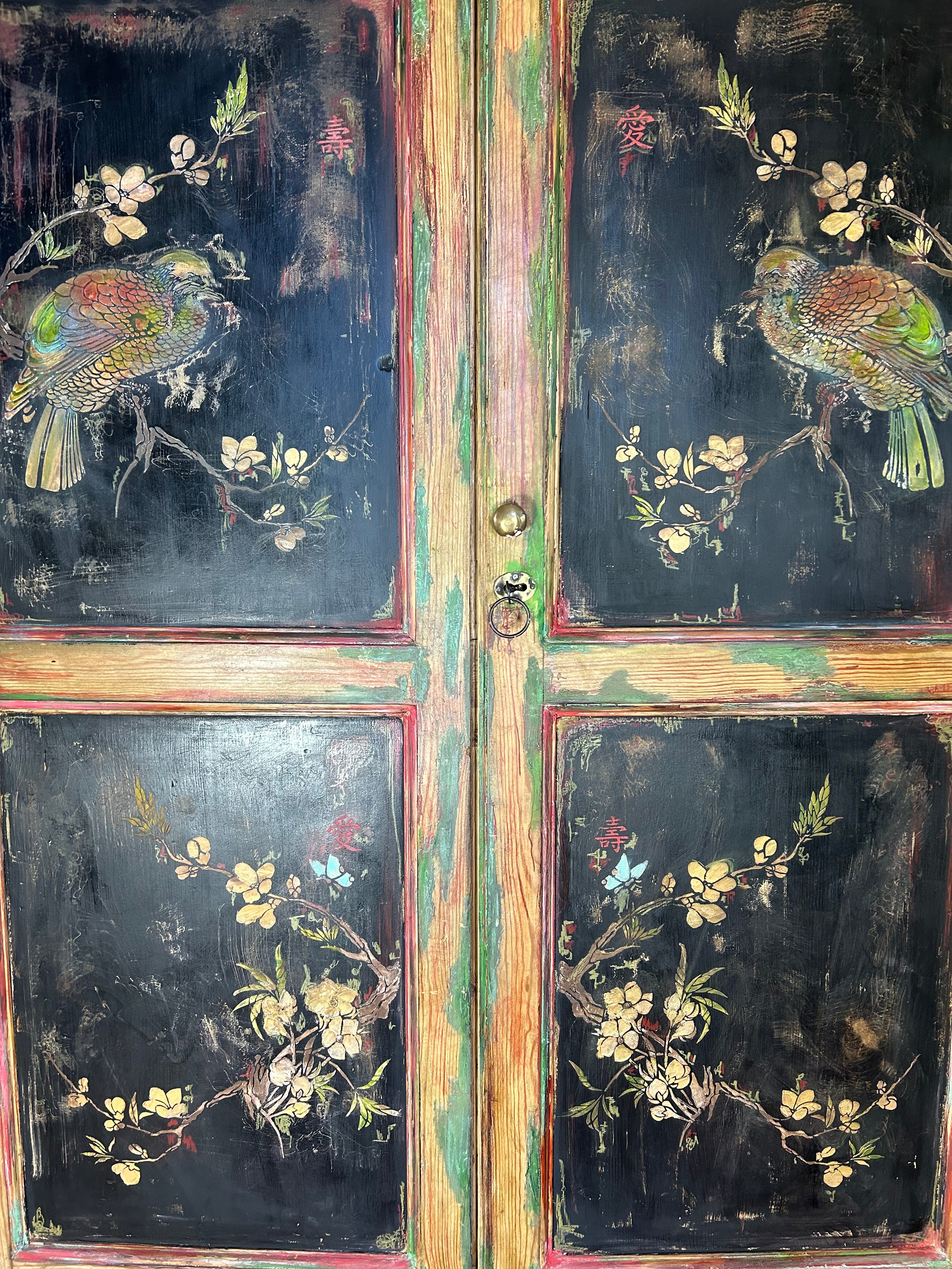Vintage Painted Pine Linen Press with Inlaid Chinoiserie. RESERVED