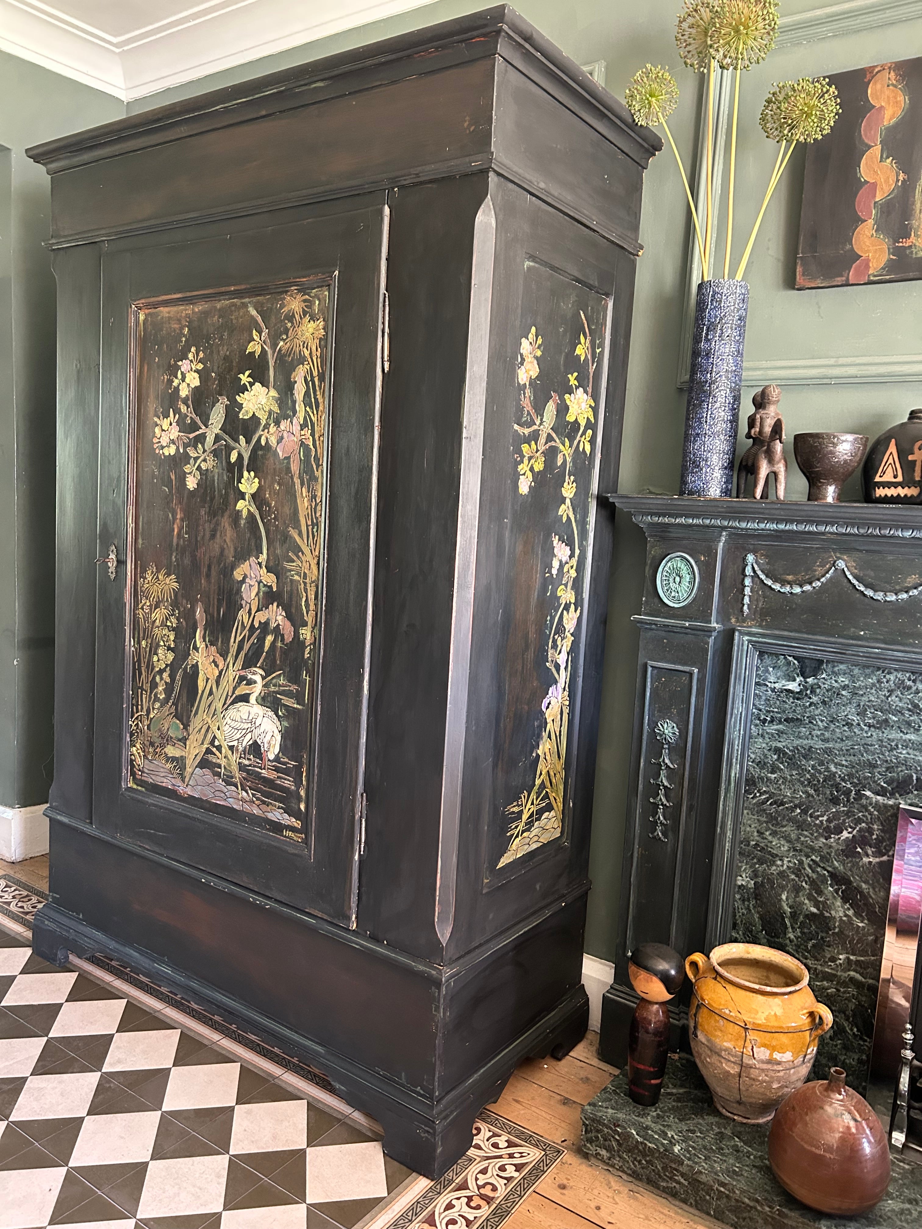 Vintage Painted Pine Armoire with Chinoiserie Panels