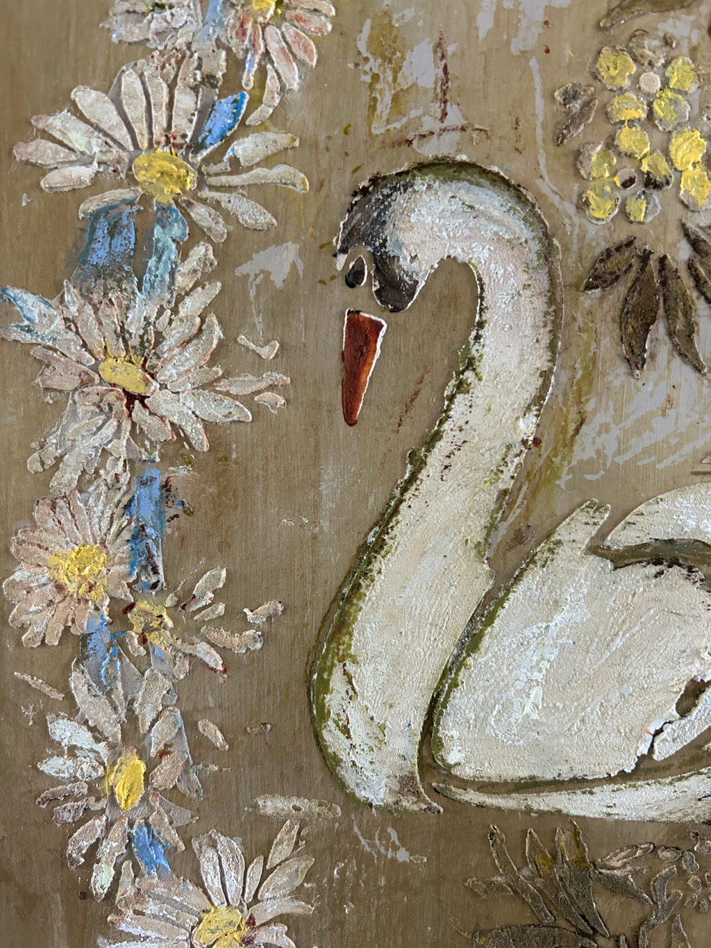 Vintage Painted Pine Armoire with Swan and Daisy Chinoiserie