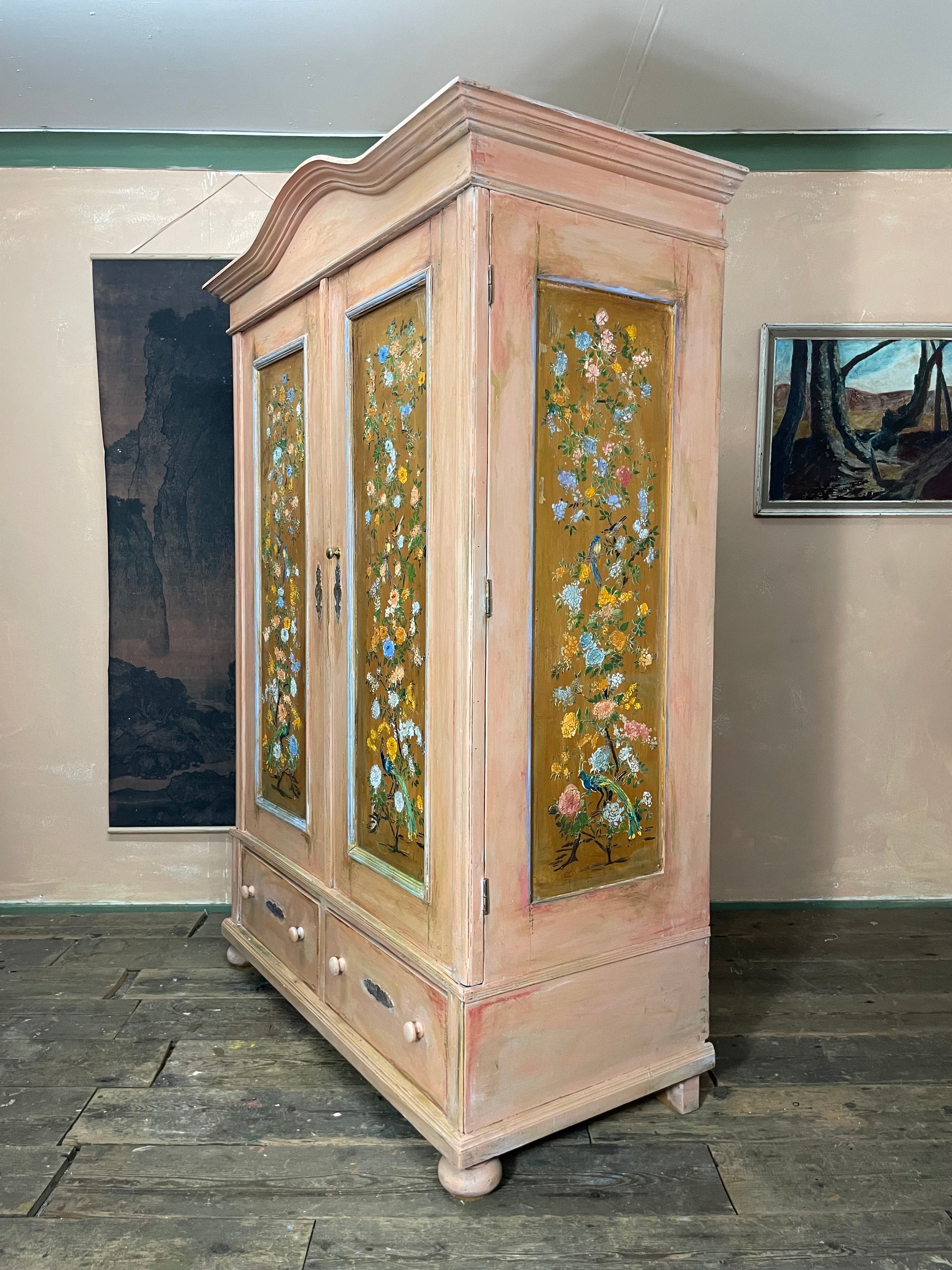 Vintage/ Antique Painted Pine Wardrobe with Inlaid Chinoiserie Panels