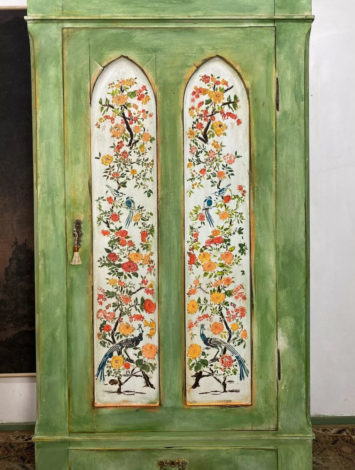 Vintage Painted Pine Wardrobe with Chinoiserie Panels