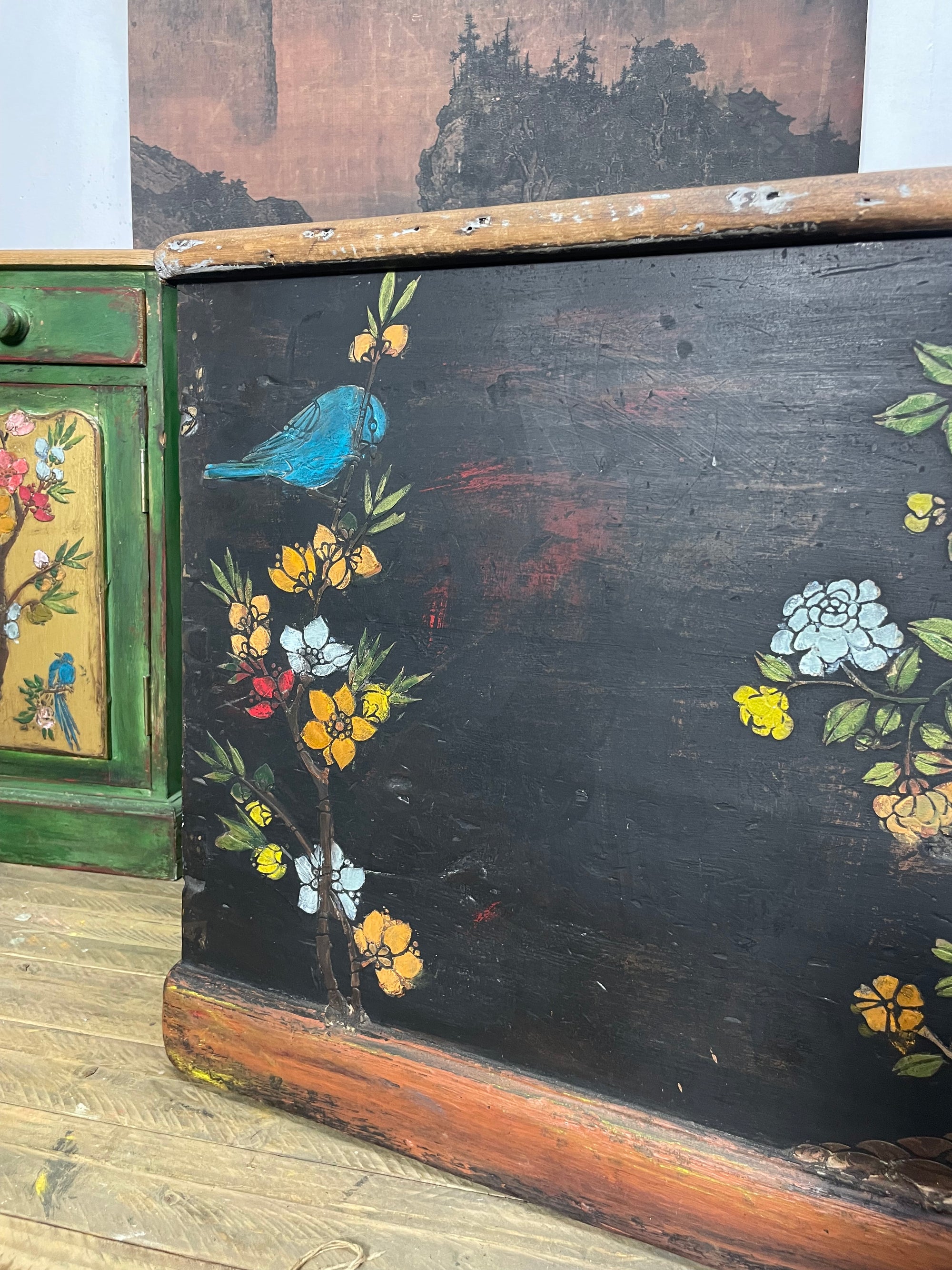 Vintage Painted Pine Blanket Box with Bird Chinoiserie