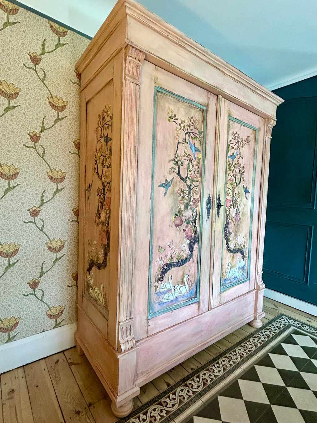 Vintage Painted French Wardrobe with Chinoiserie Panels