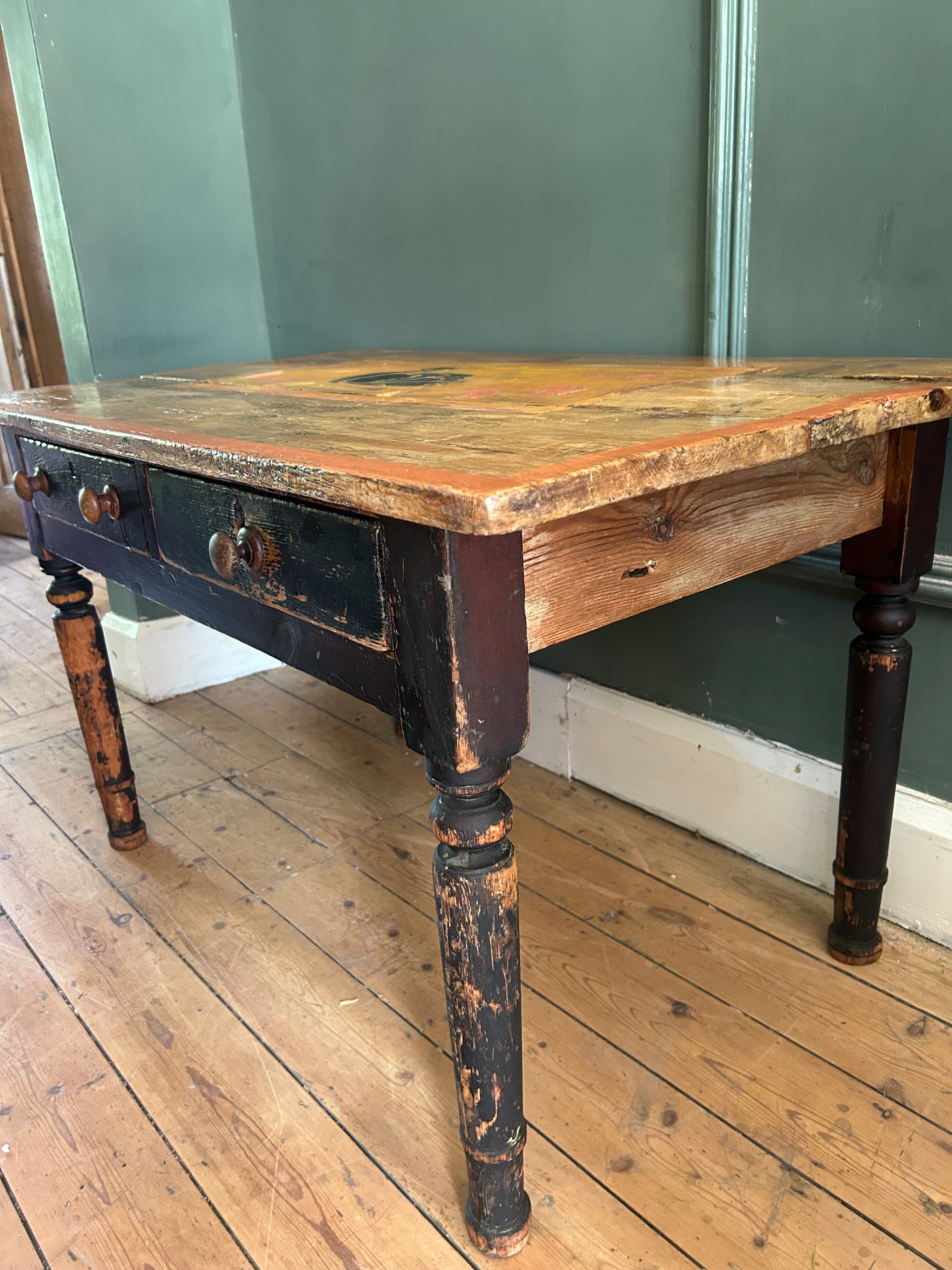 Vintage Pine console Table with Folk Art Sean Design