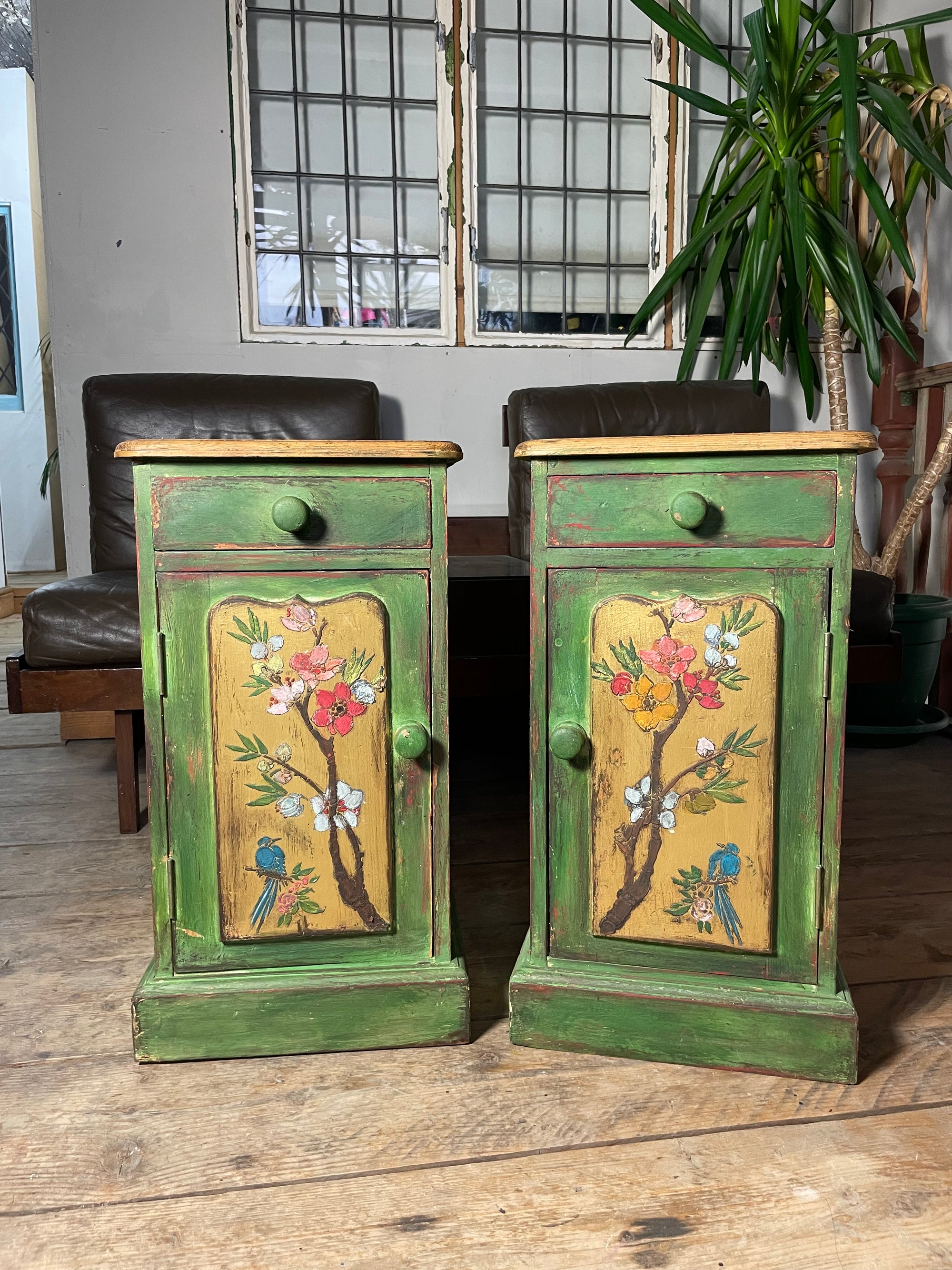 Vintage Painted Pine Bedside Tables with inlaid Chinoiserie