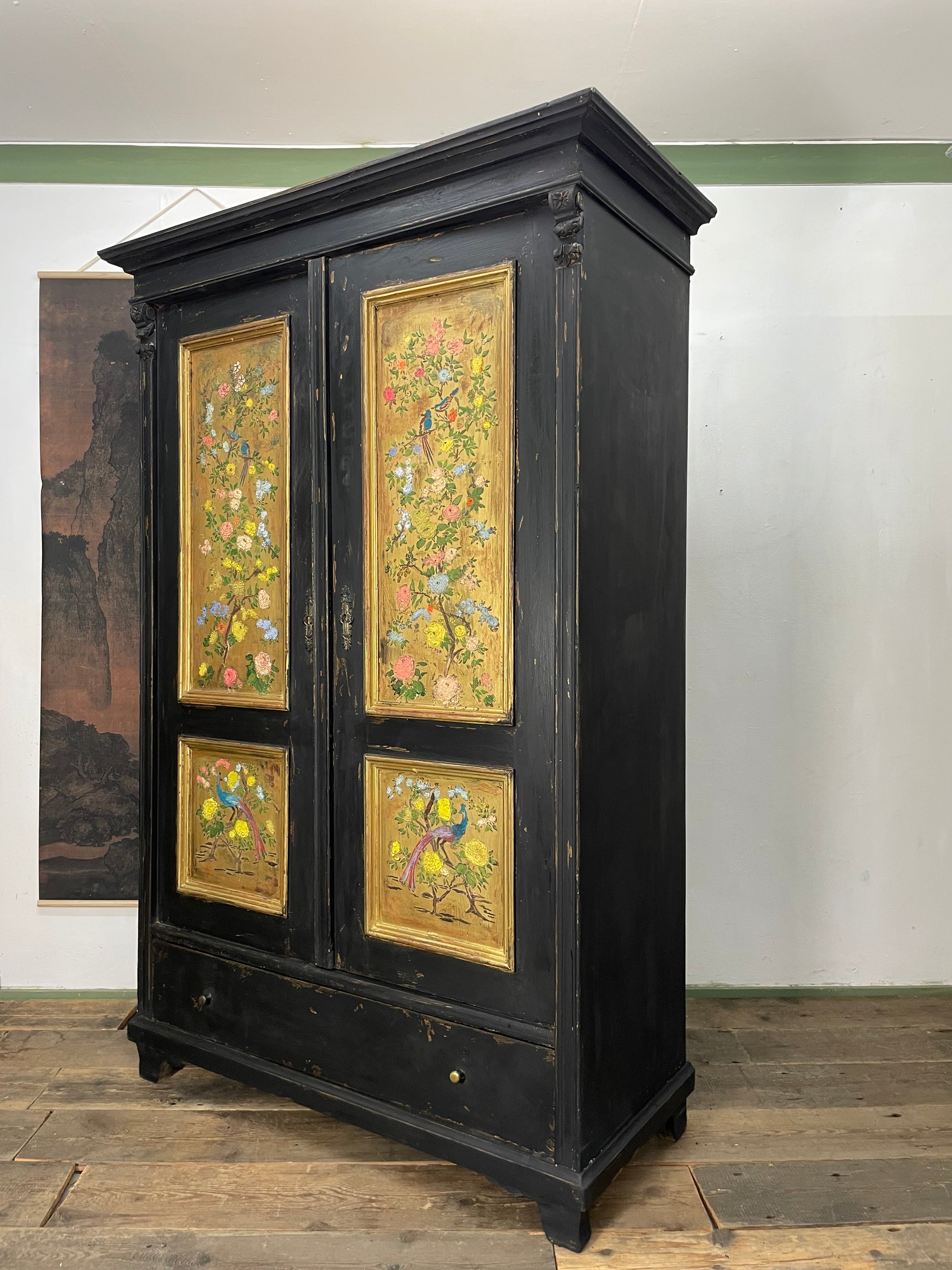 Vintage Painted Pine Wardrobe with Chinoiserie Panels