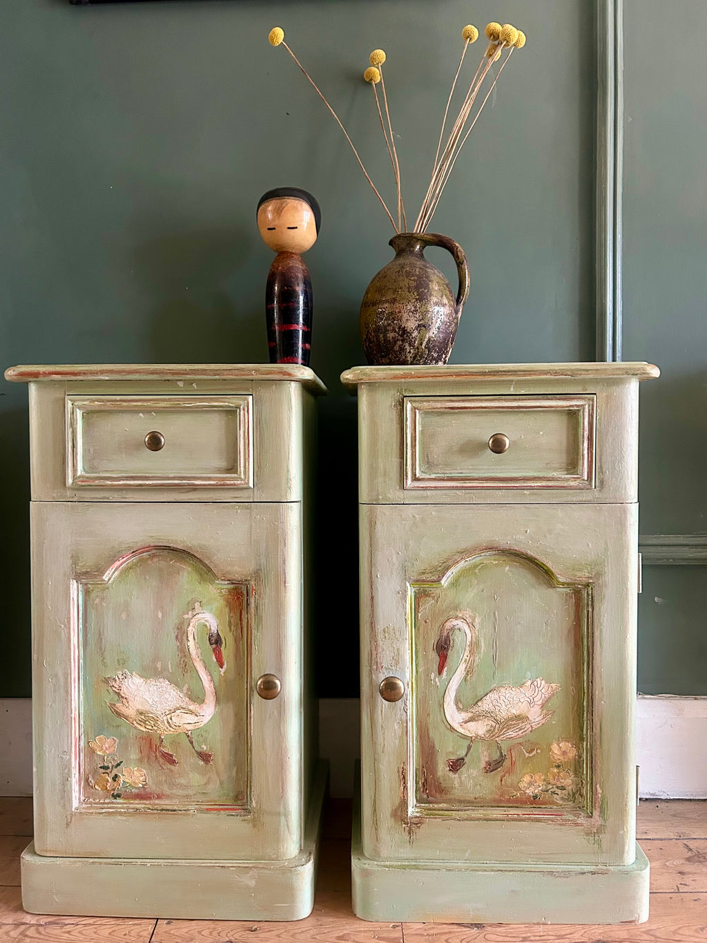 Vintage Painted Bedside Cupboards with folk Art Swans