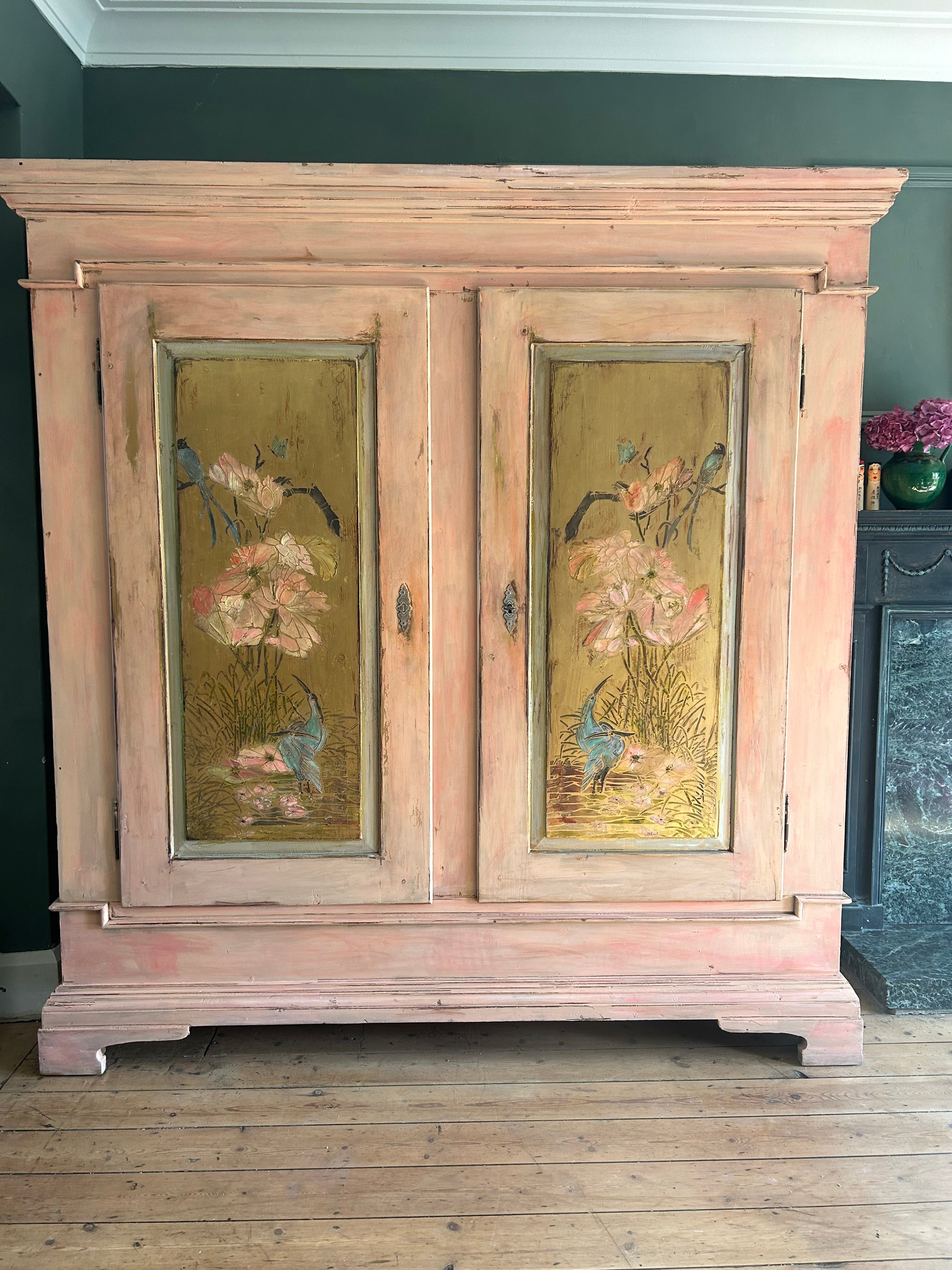 Vintage Painted Pine Large Double Wardrobe with Inlaid Chinoiserie