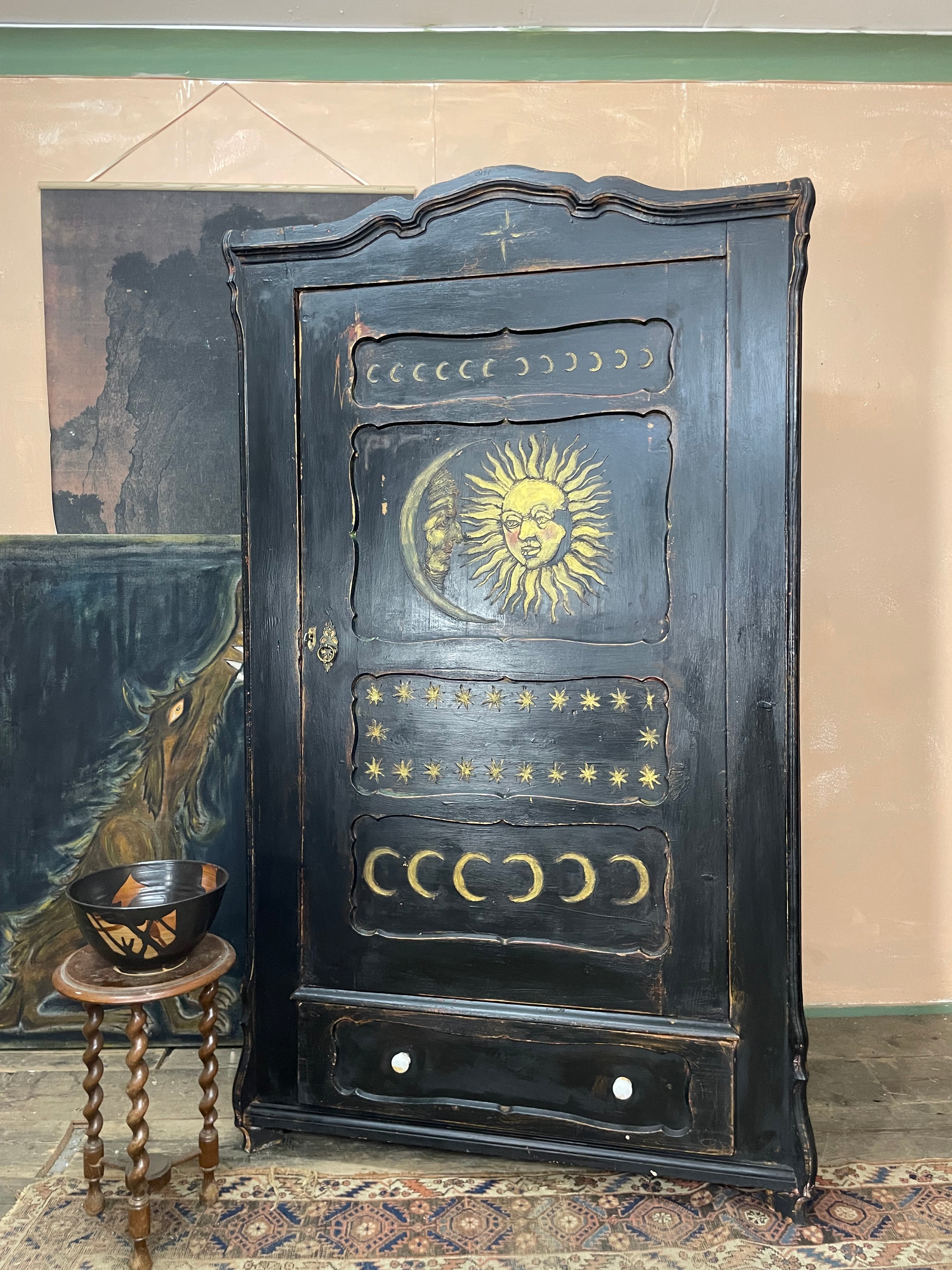 Vintage Painted Pine Folk Art Celestial Wardrobe