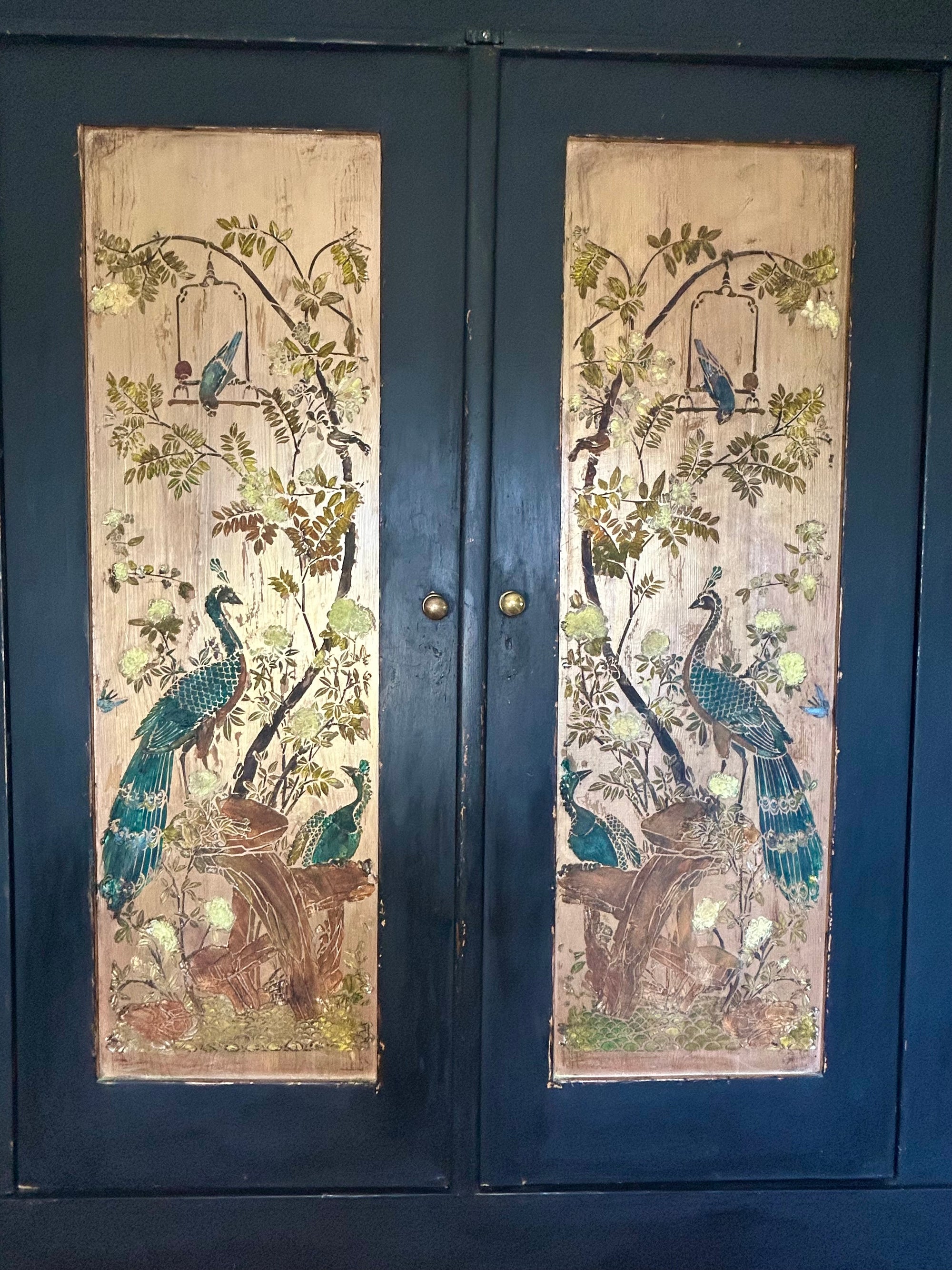 Vintage Painted Pine Double Wardrobe with Inlaid Peacock Chinoiserie