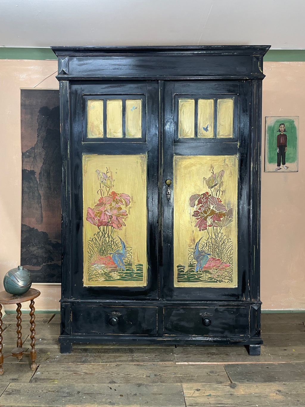 Vintage Painted Pine Knockdown Wardrobe with Inlaid Design