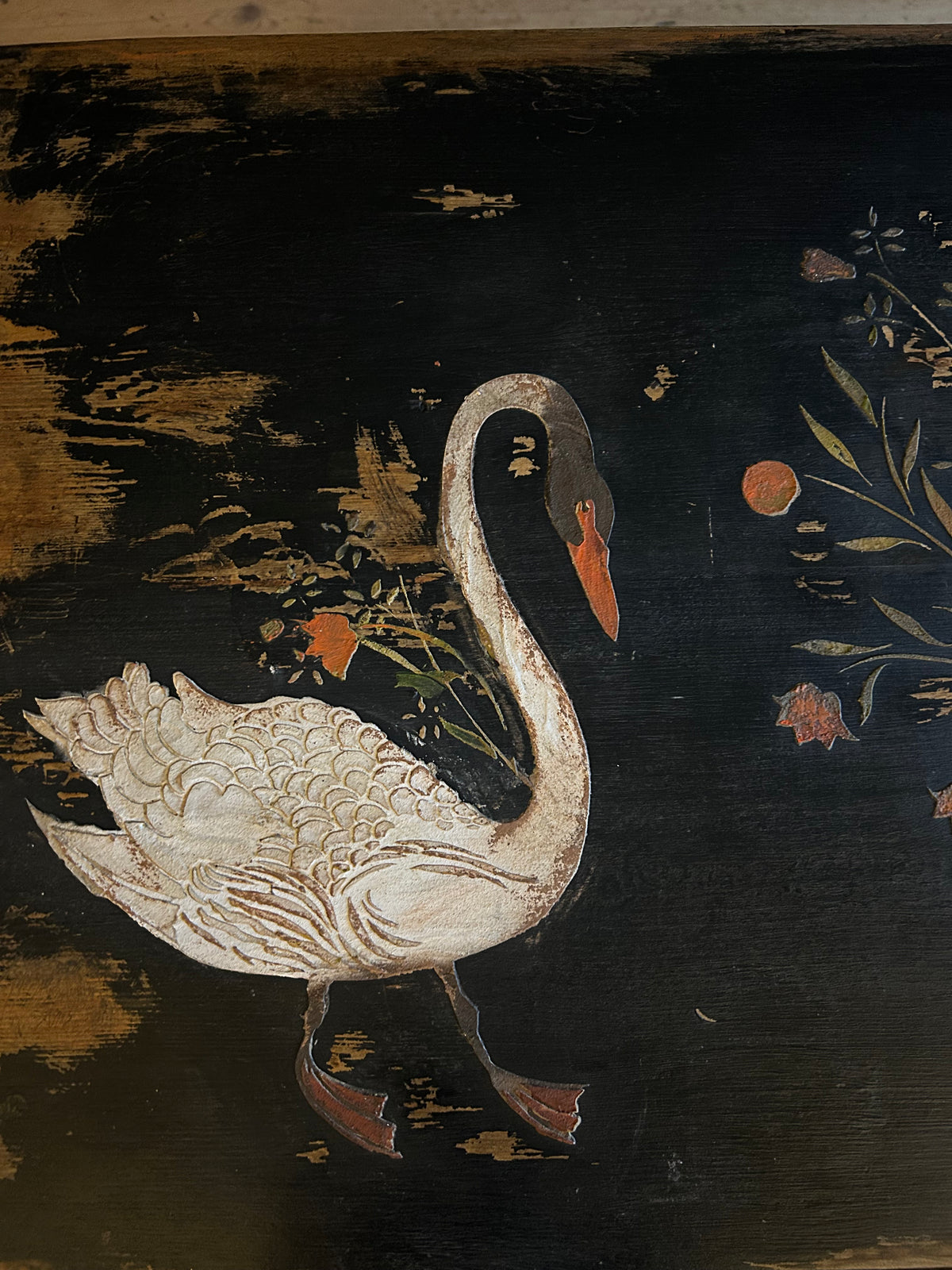 Vintage Painted Blanket Box with Folk Art Swans