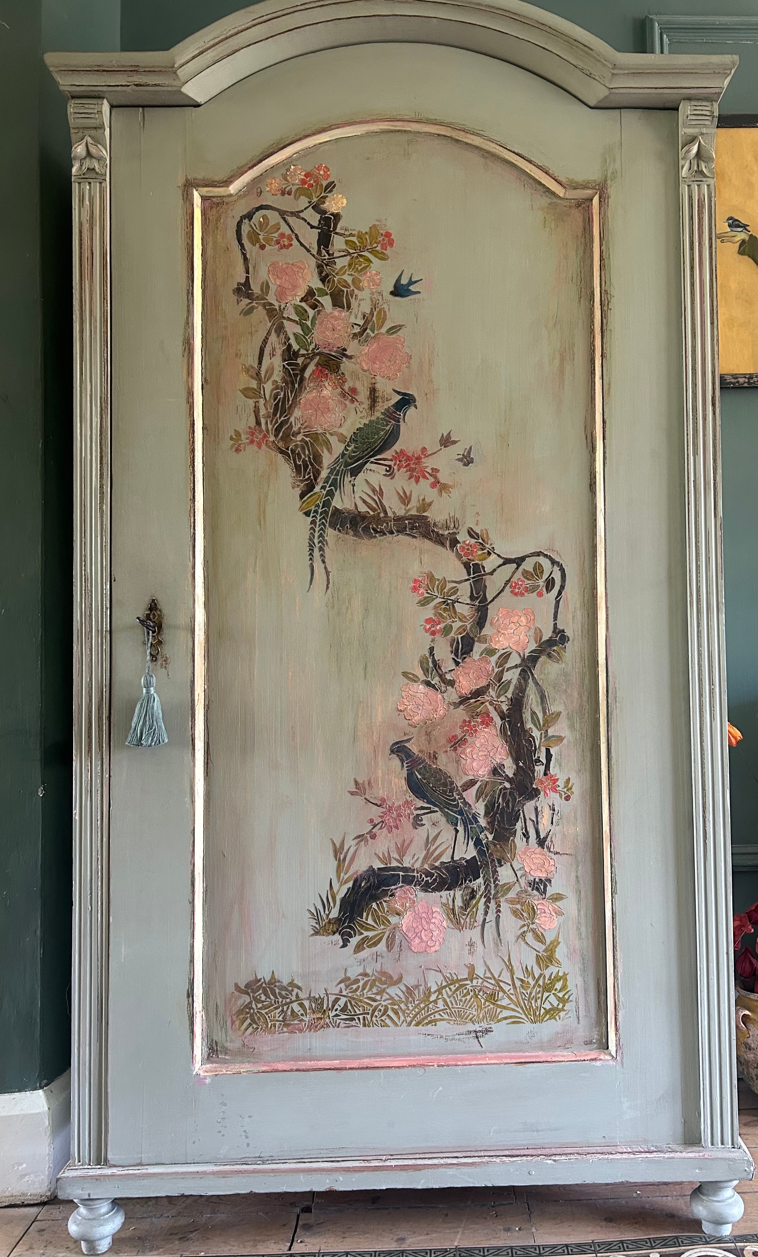 Antique Painted Pine Armoire with Chinoiserie Panel