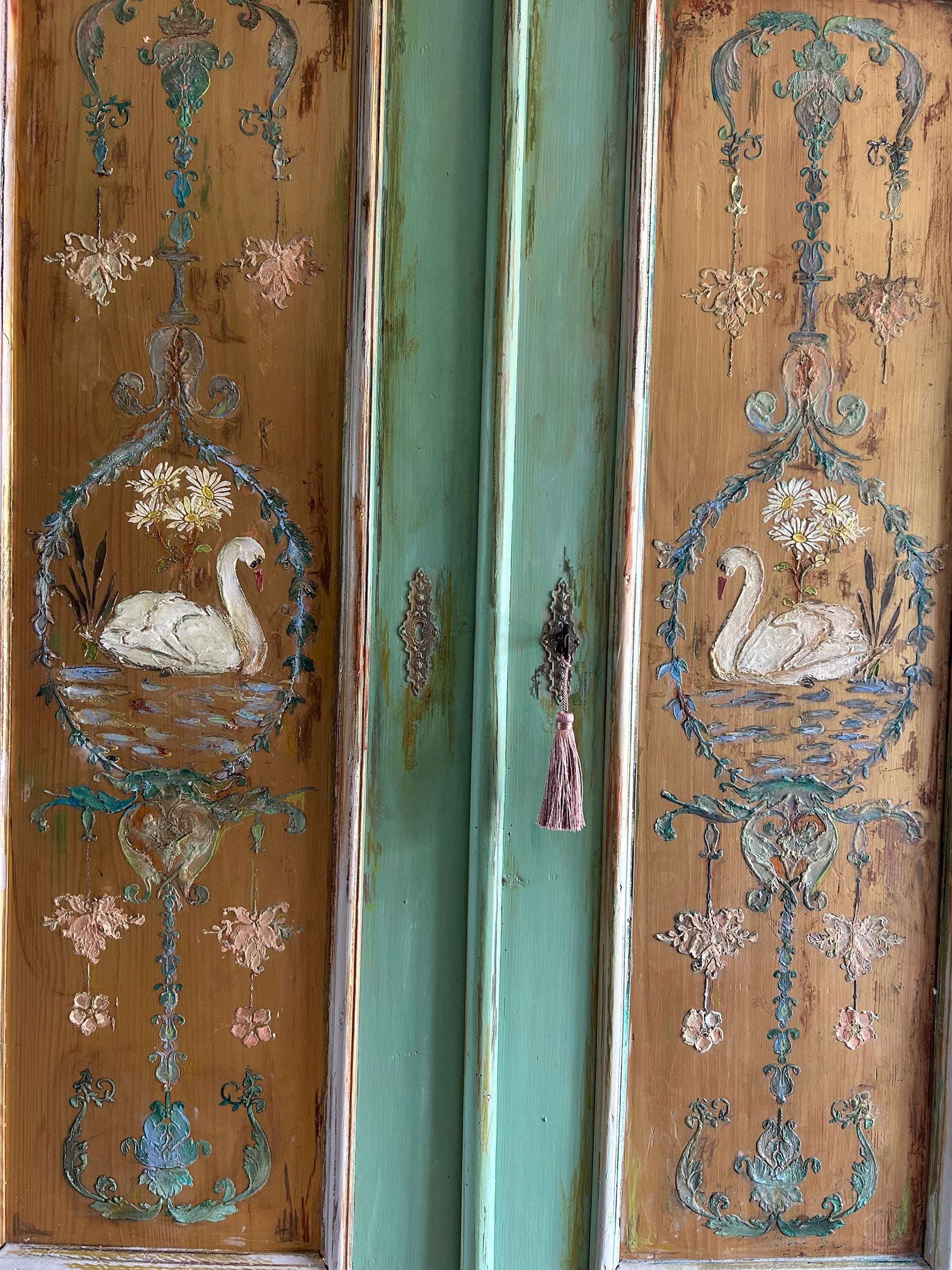 Vintage Painted Pine Wardrobe with Inlaid Swan Chinoiserie