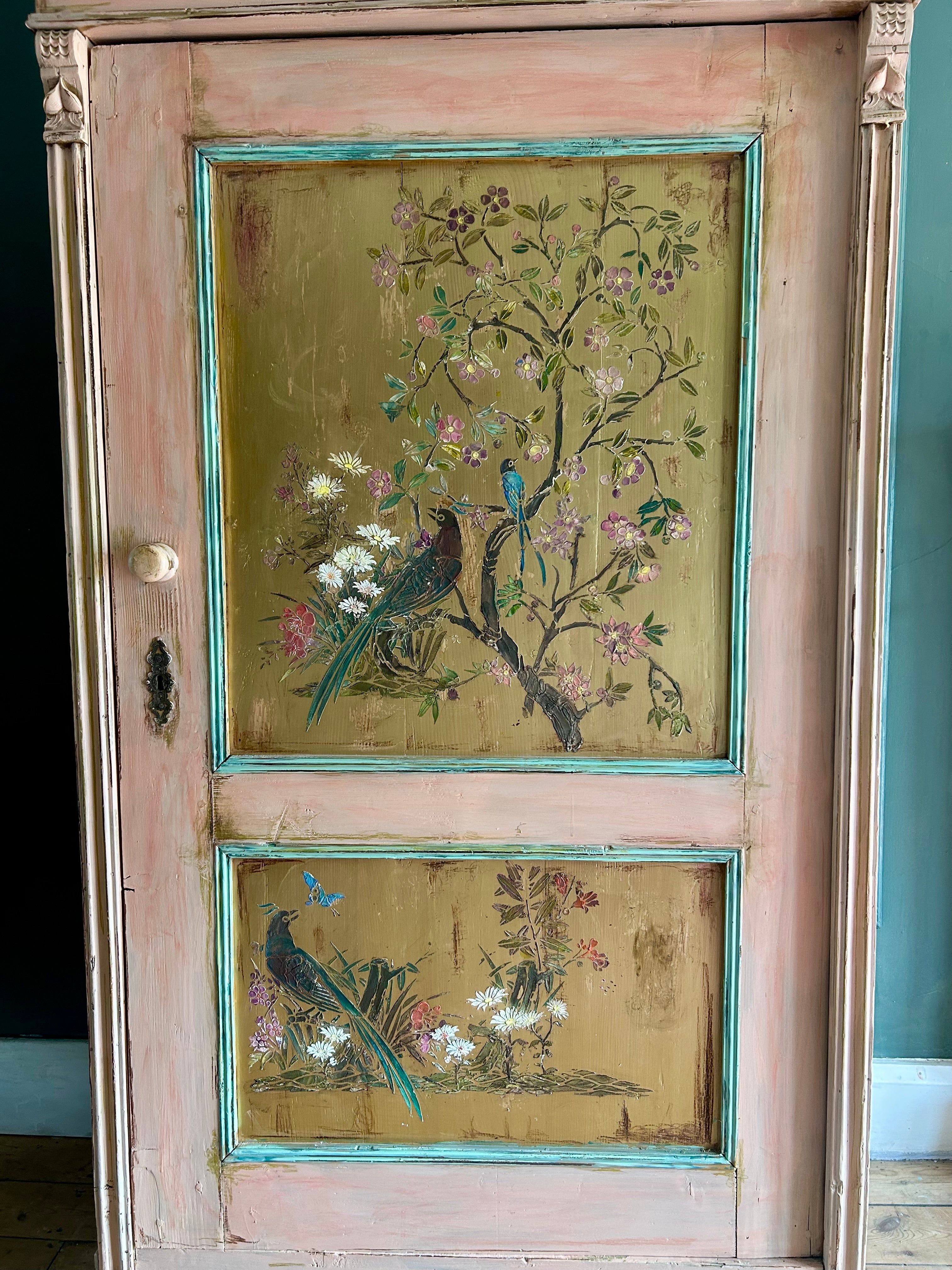 Vintage Painted Pine Cupboard with Inlaid Chinoiserie