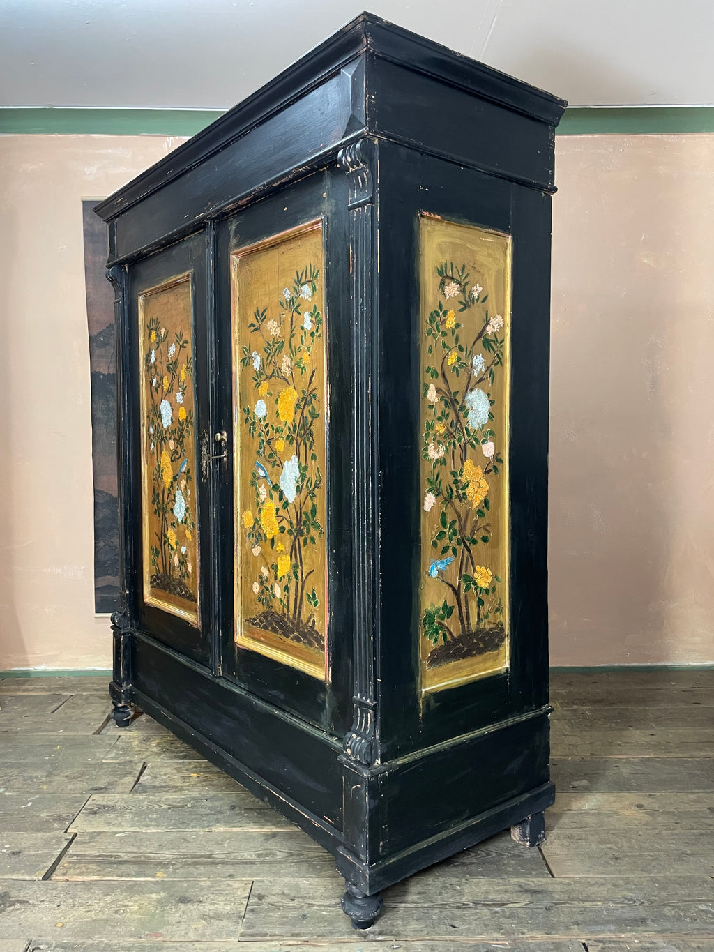 Vintage Painted Pine Wardrobe with Chinoiserie Panels