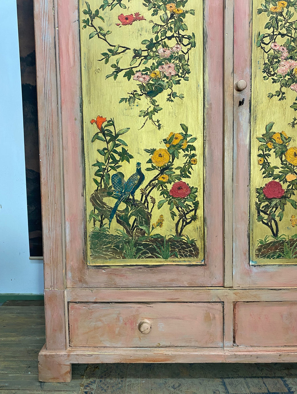 Vintage Pine Knockdown Painted Wardrobe with Chinoiserie Panels