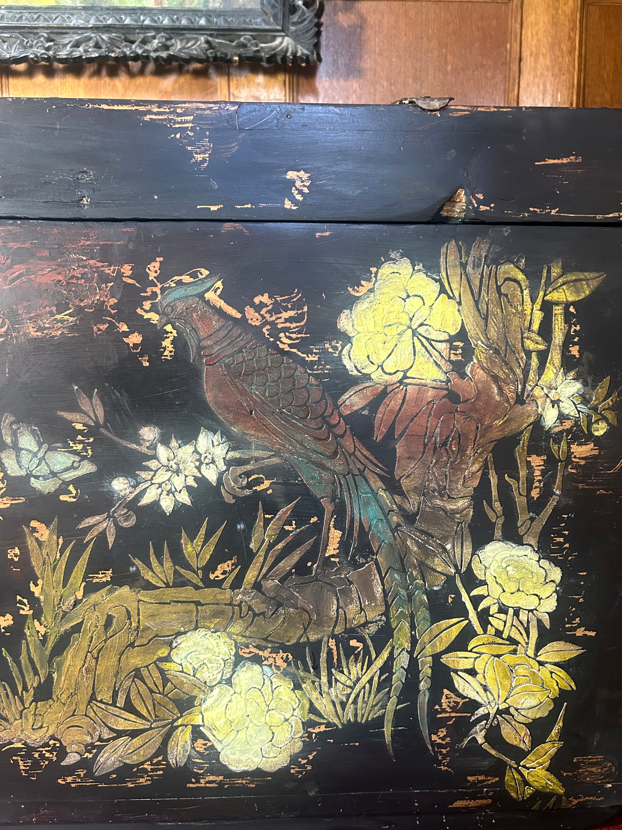 Vintage Painted Pine Blanket Box with Inlaid Chinoiserie