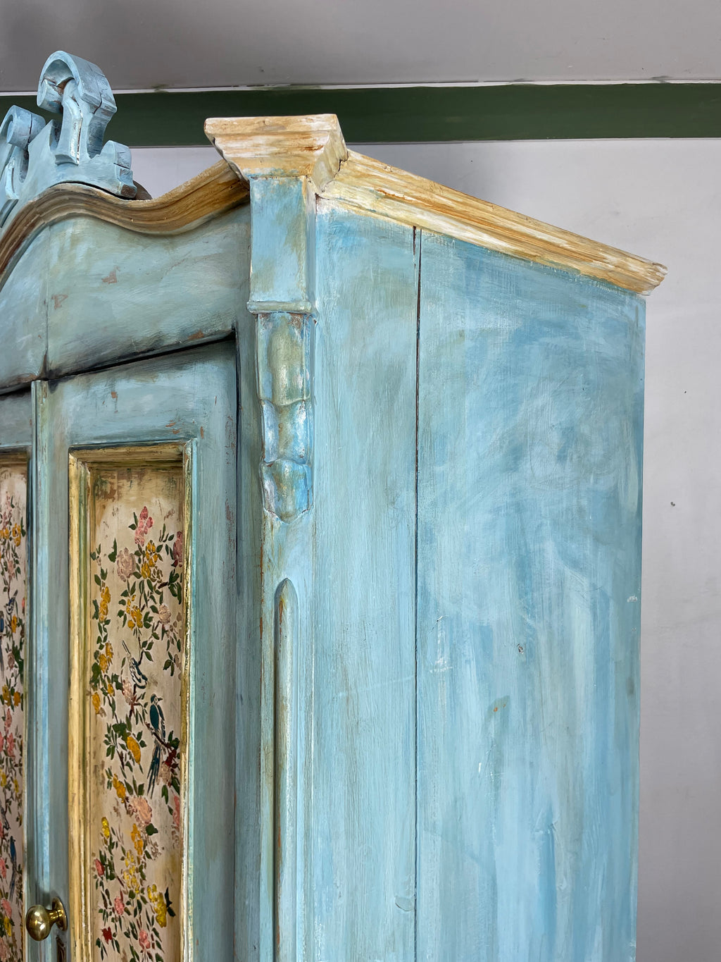 Vintage French Painted Pine Armoire with Chinoiserie Panels