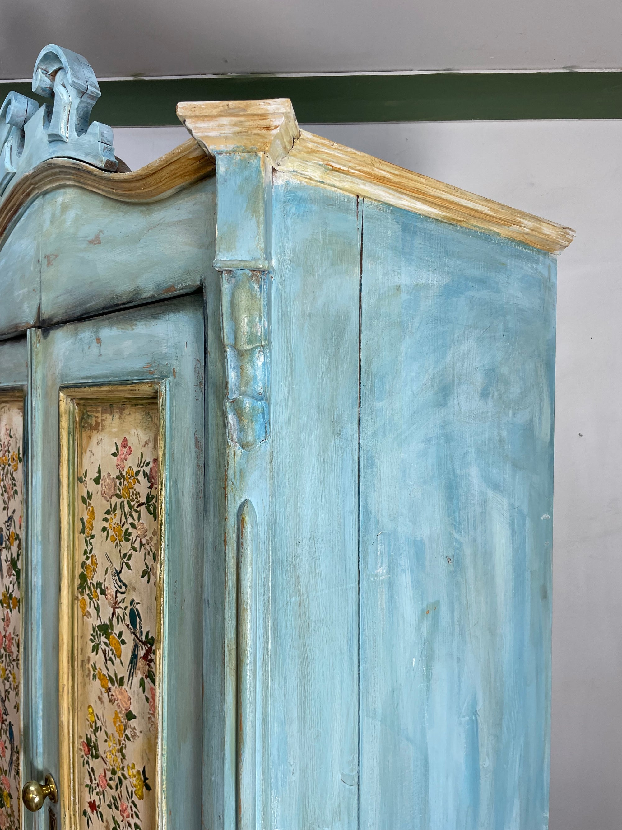 Vintage French Painted Pine Armoire with Chinoiserie Panels