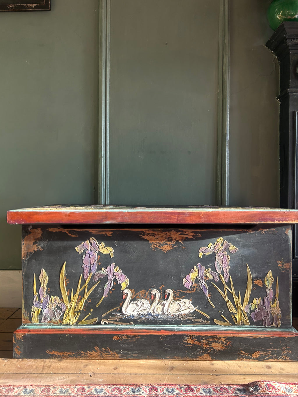 Vintage Painted Blanket Box with Swan Chinoiserie