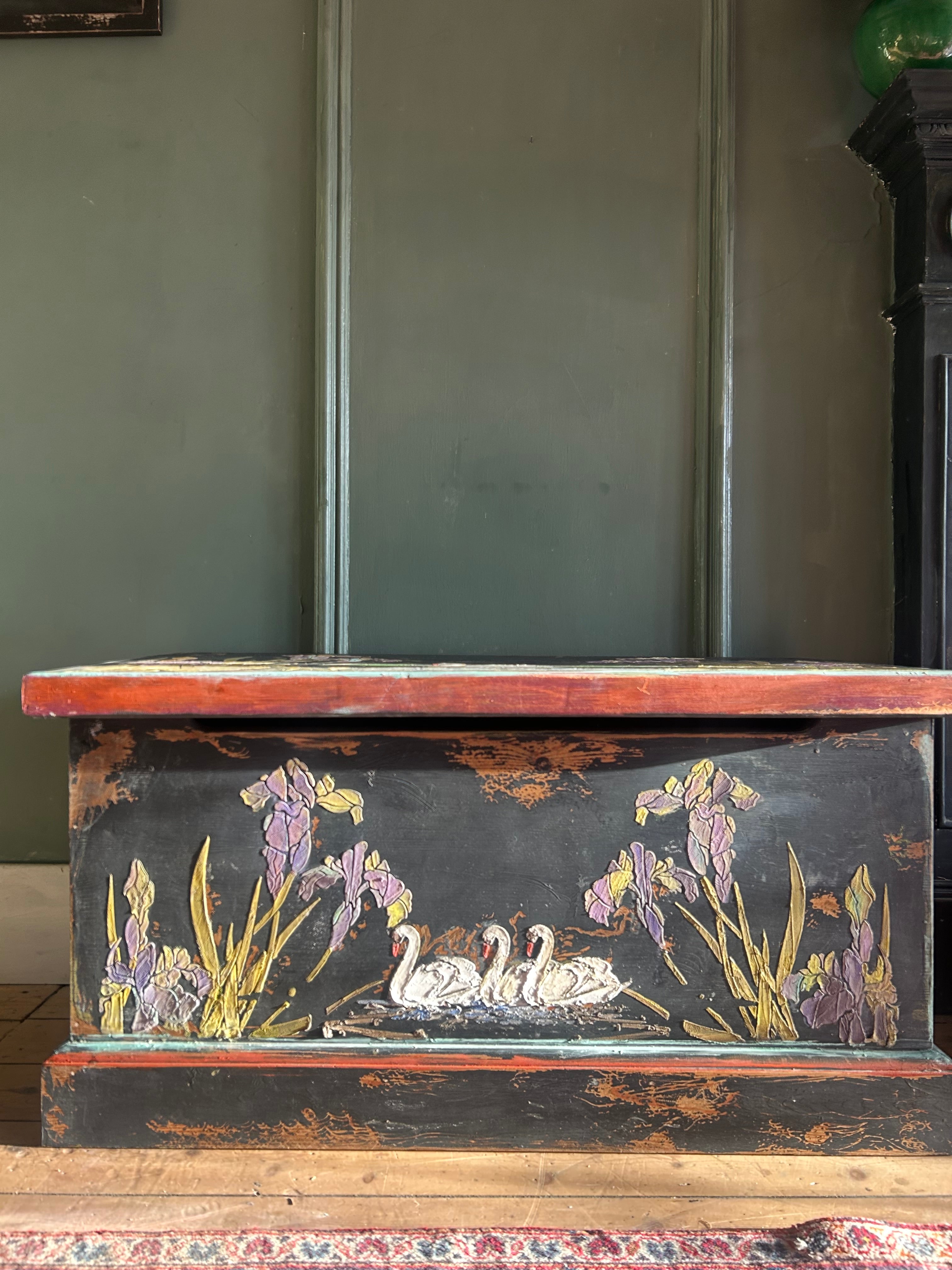Vintage Painted Blanket Box with Swan Chinoiserie