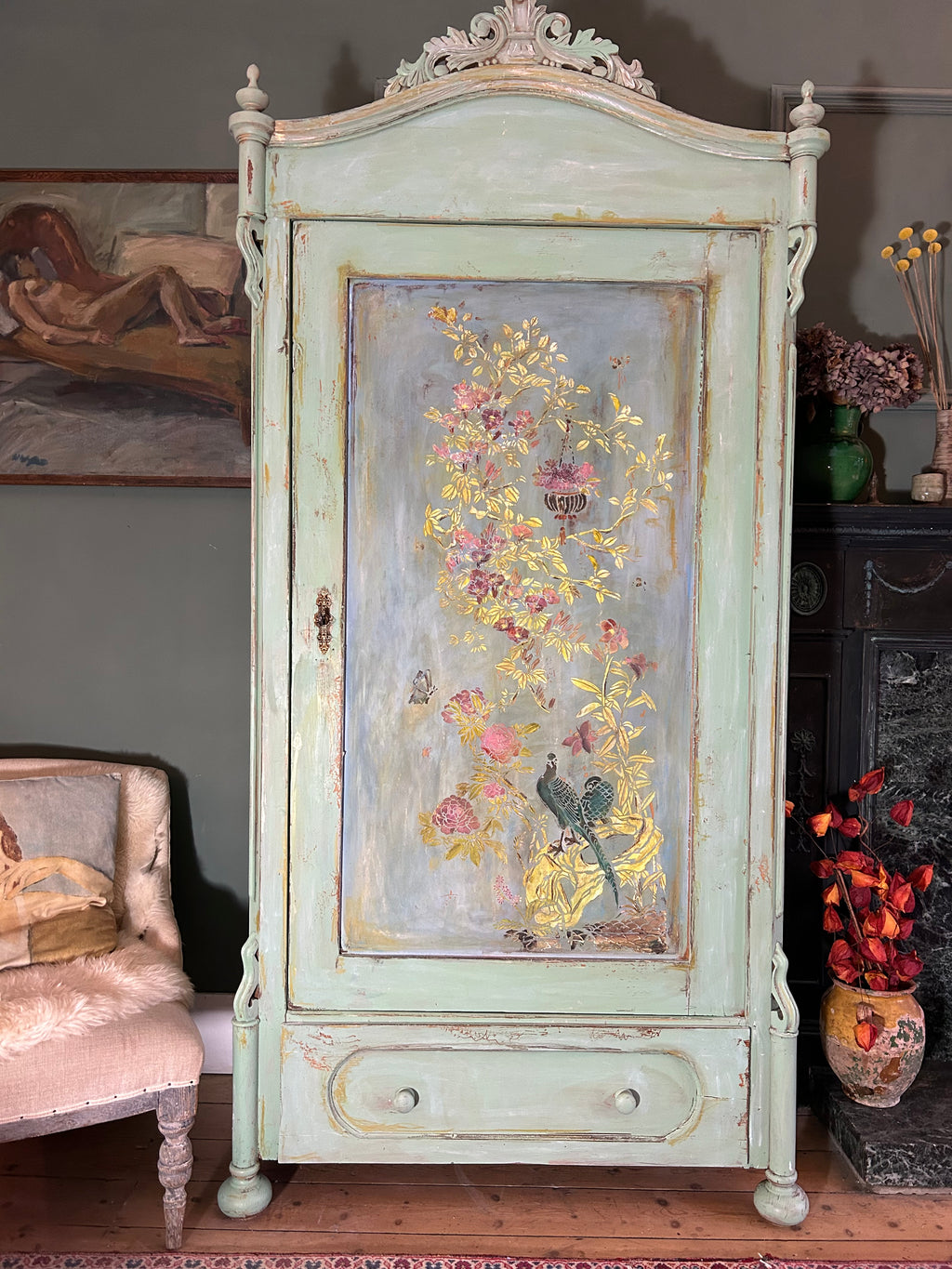 Antique Painted Armoire with Inlaid Chinoiserie