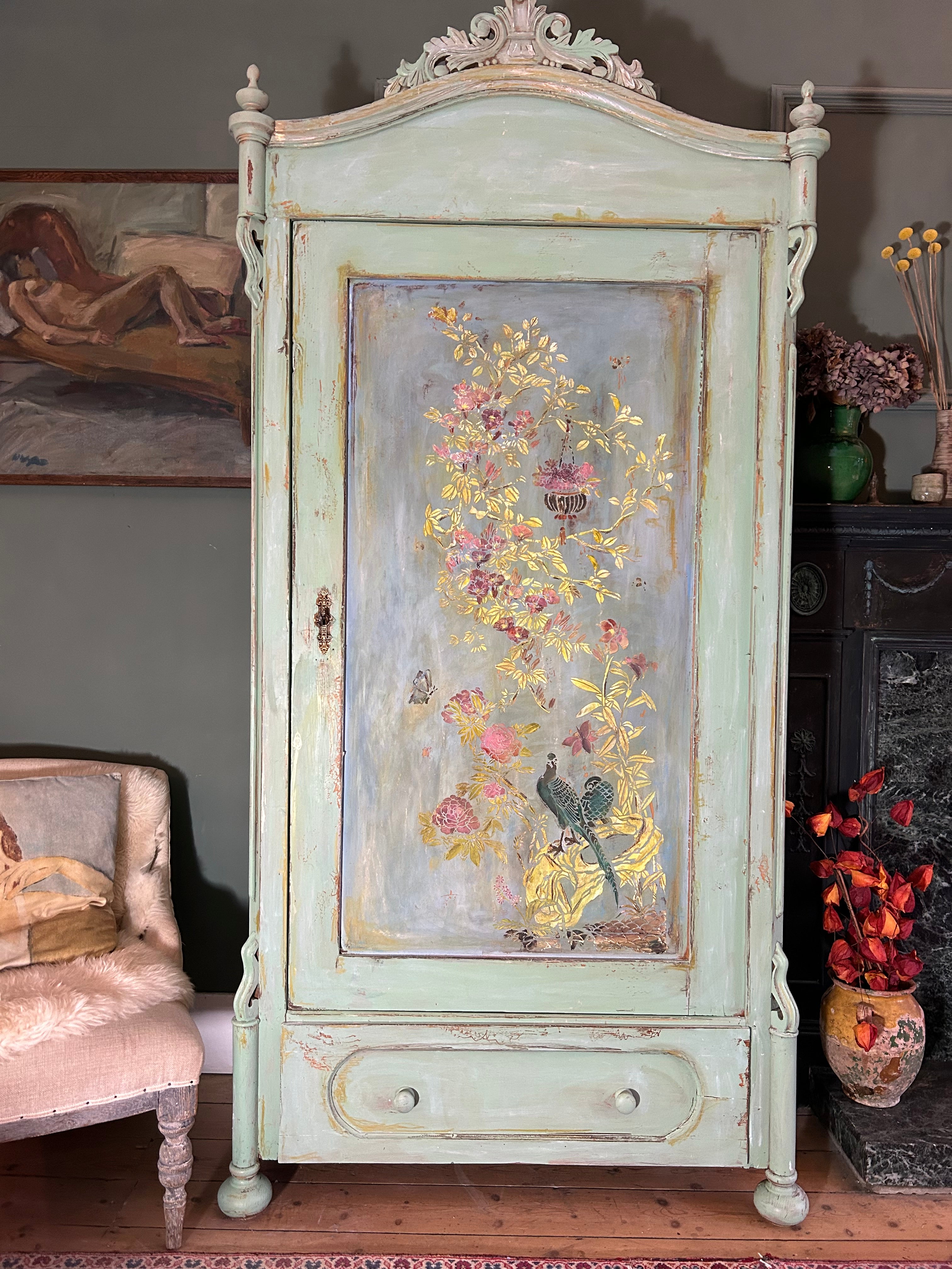 Antique Painted Armoire with Inlaid Chinoiserie