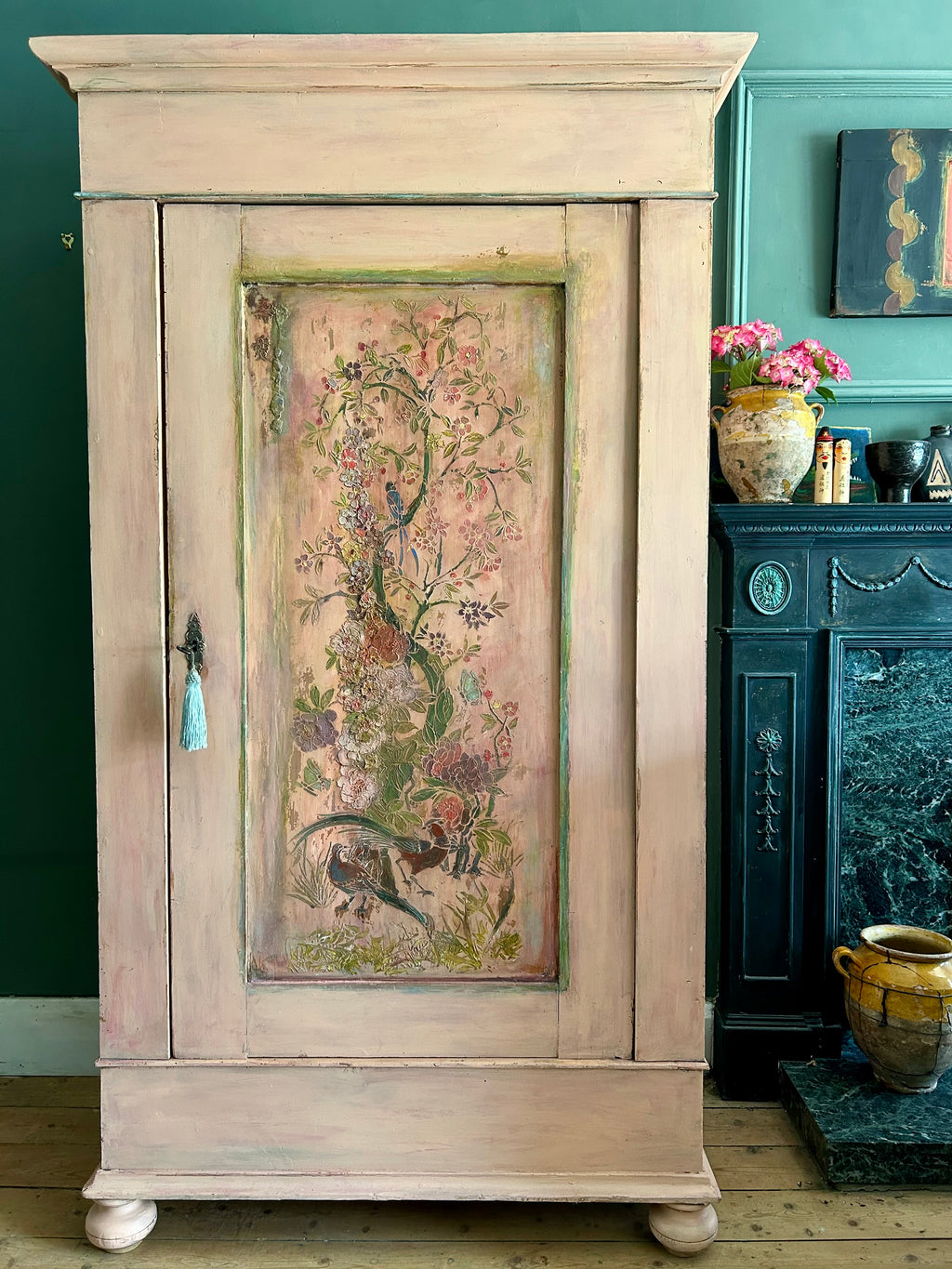 Vintage Painted Cupboard/Armoire with Chinoiserie Panel