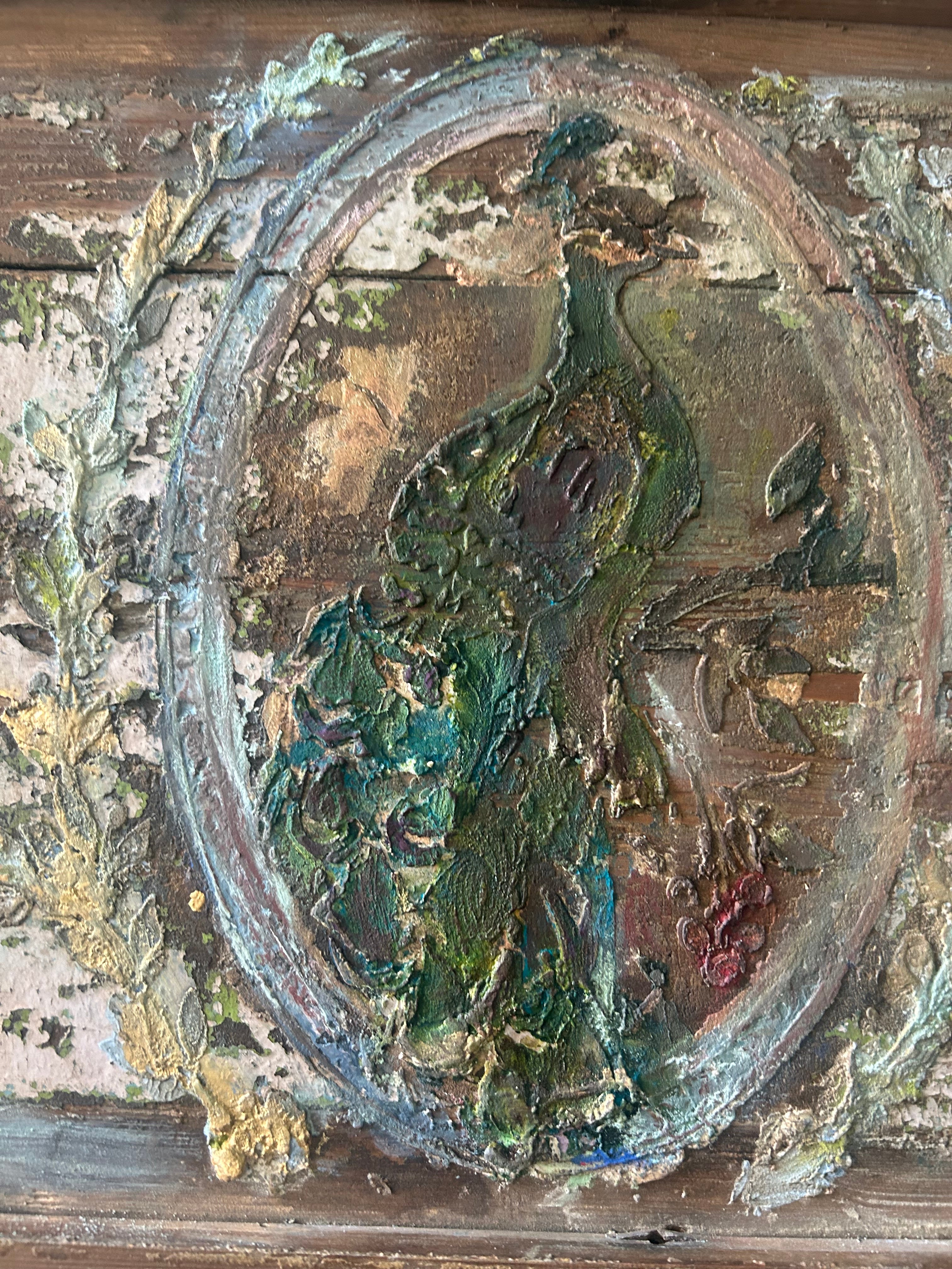 Reclaimed door wall hanging/Headboard with Inlaid Peacocks