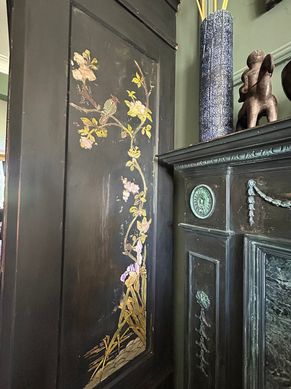 Vintage Painted Pine Armoire with Chinoiserie Panels