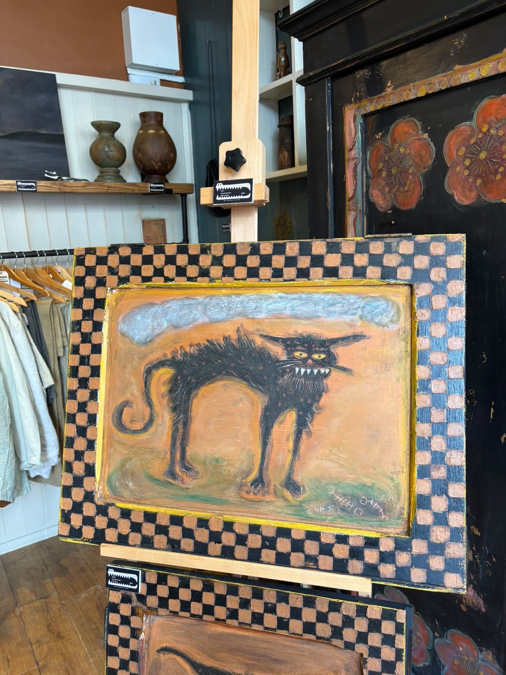 Reclaimed Door Wallhanging with Cat and checkerboard Frame