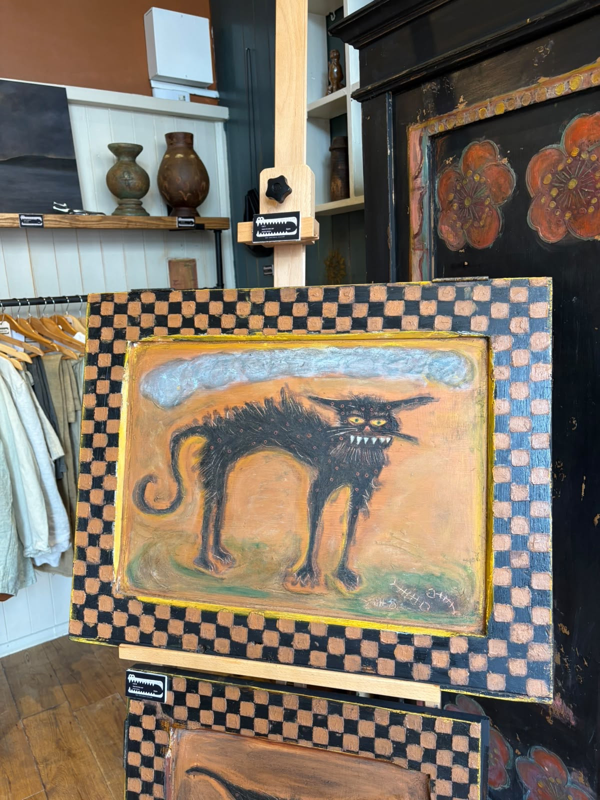 Reclaimed Door Wallhanging with Cat and checkerboard Frame