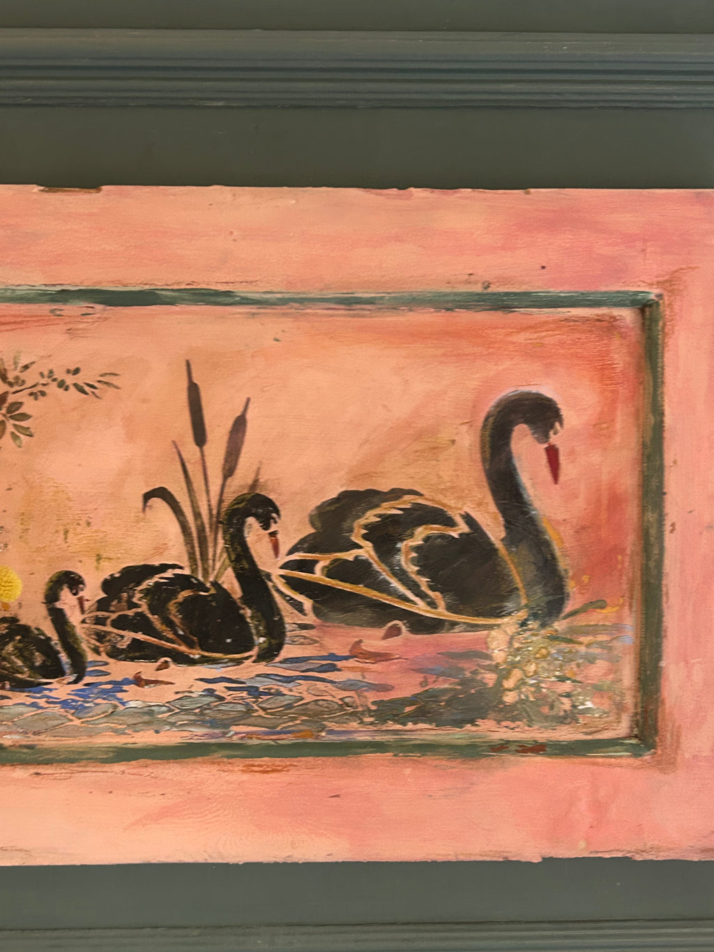 Reclaimed Door Wallhanging with Black Swan Chinoiserie